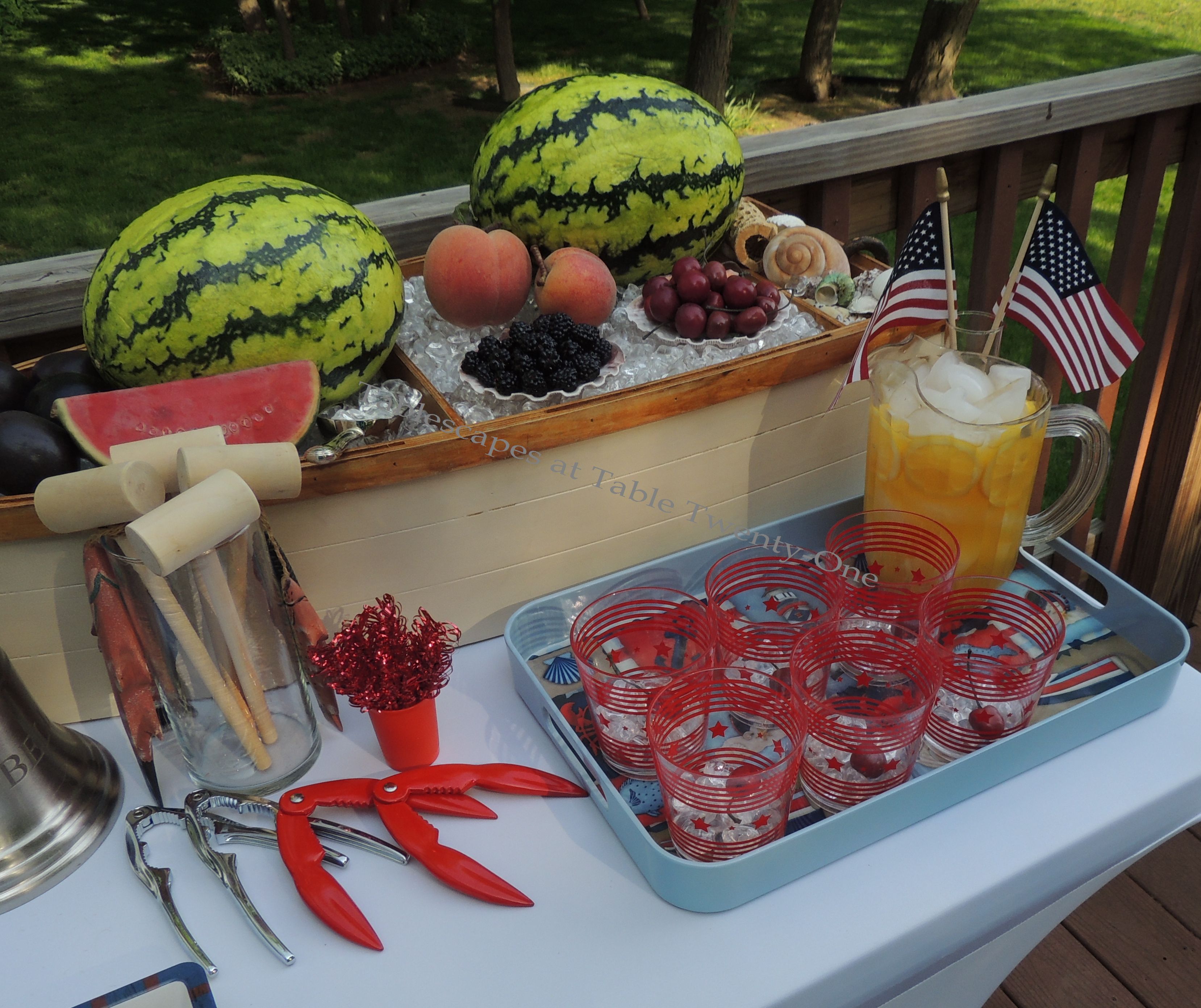 Tablescapes at Table Twenty-One, www.tabletwentyone.wordpress.com, 4th of July Coastal Style: beverage boat, drink station