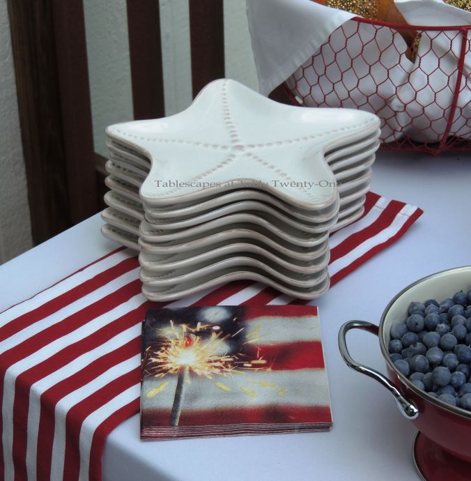 Tablescapes at Table Twenty-One, www.tabletwentyone.wordpress.com, 4th of July Coastal Style: starfish-shaped ceramic plates, patriotic paper cocktail napkins