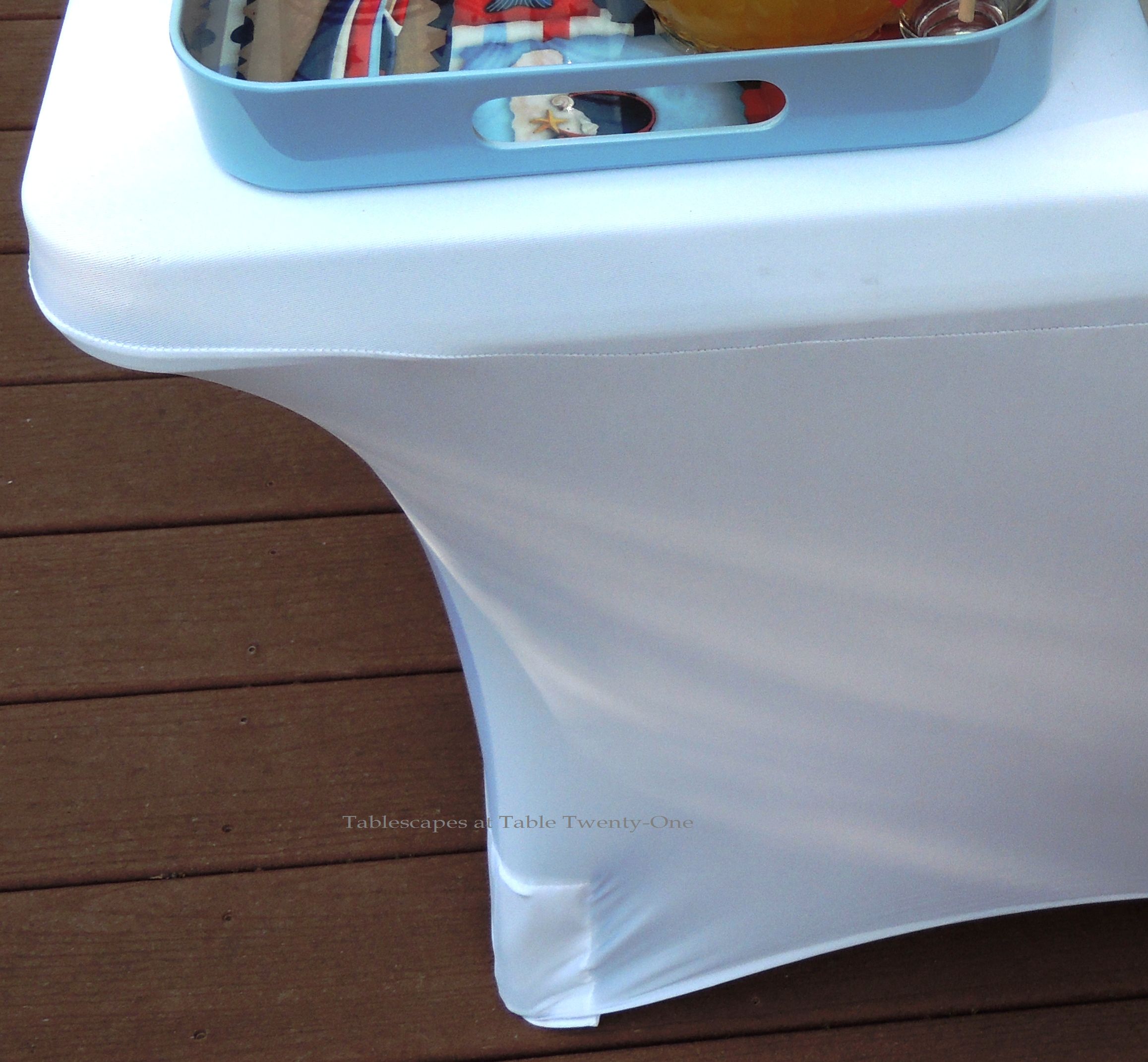 Tablescapes at Table Twenty-One, www.tabletwentyone.wordpress.com, 4th of July Coastal Style: linentablecloth.com white stretch tablecloth