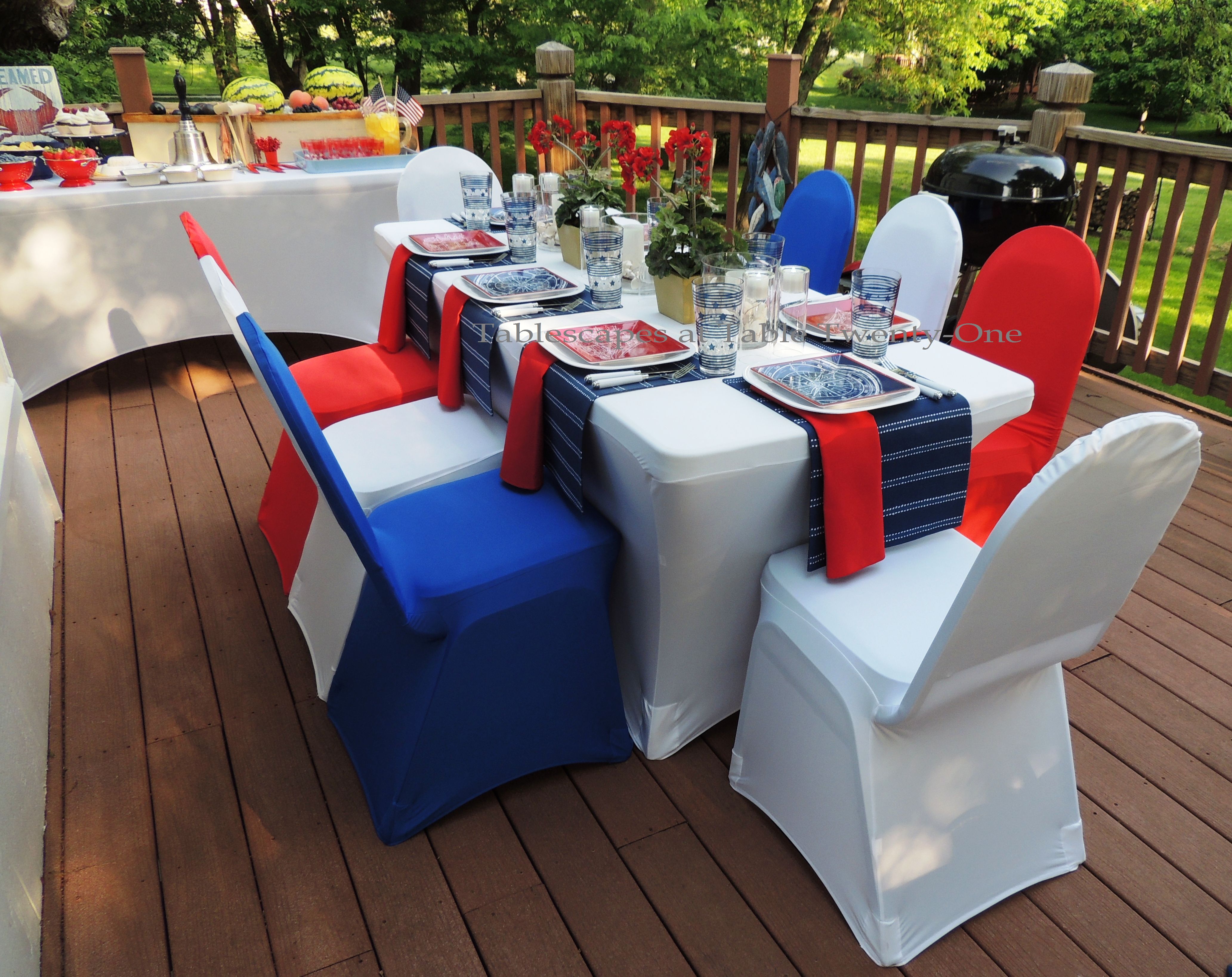 Tablescapes at Table Twenty-One, www.tabletwentyone.wordpress.com, 4th of July Coastal Style: full table, partial buffet