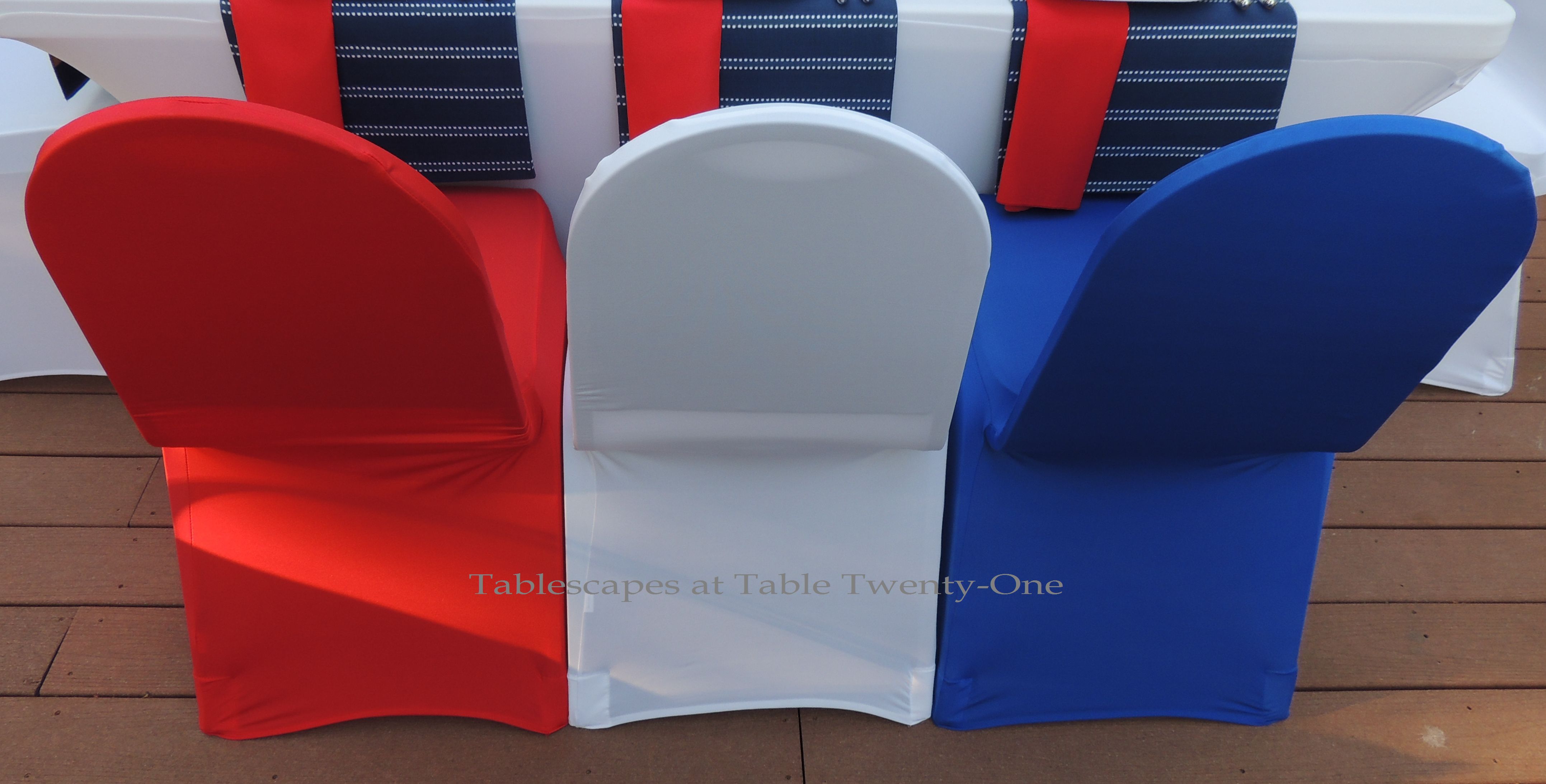 Tablescapes at Table Twenty-One, www.tabletwentyone.wordpress.com, 4th of July Coastal Style: red, white & blue stretch chair covers from LinenTablecloth.com
