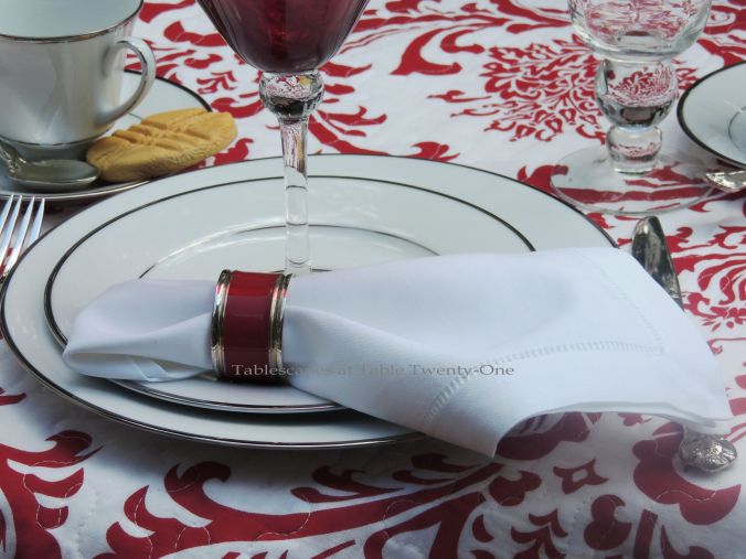 Tablescapes at Table Twenty-One, www.tabletwentyone.wordpress.com, Midsummer Shabby Chic Apple Tablescape: white cotton hemstitched napkin with red & silver napkin ring