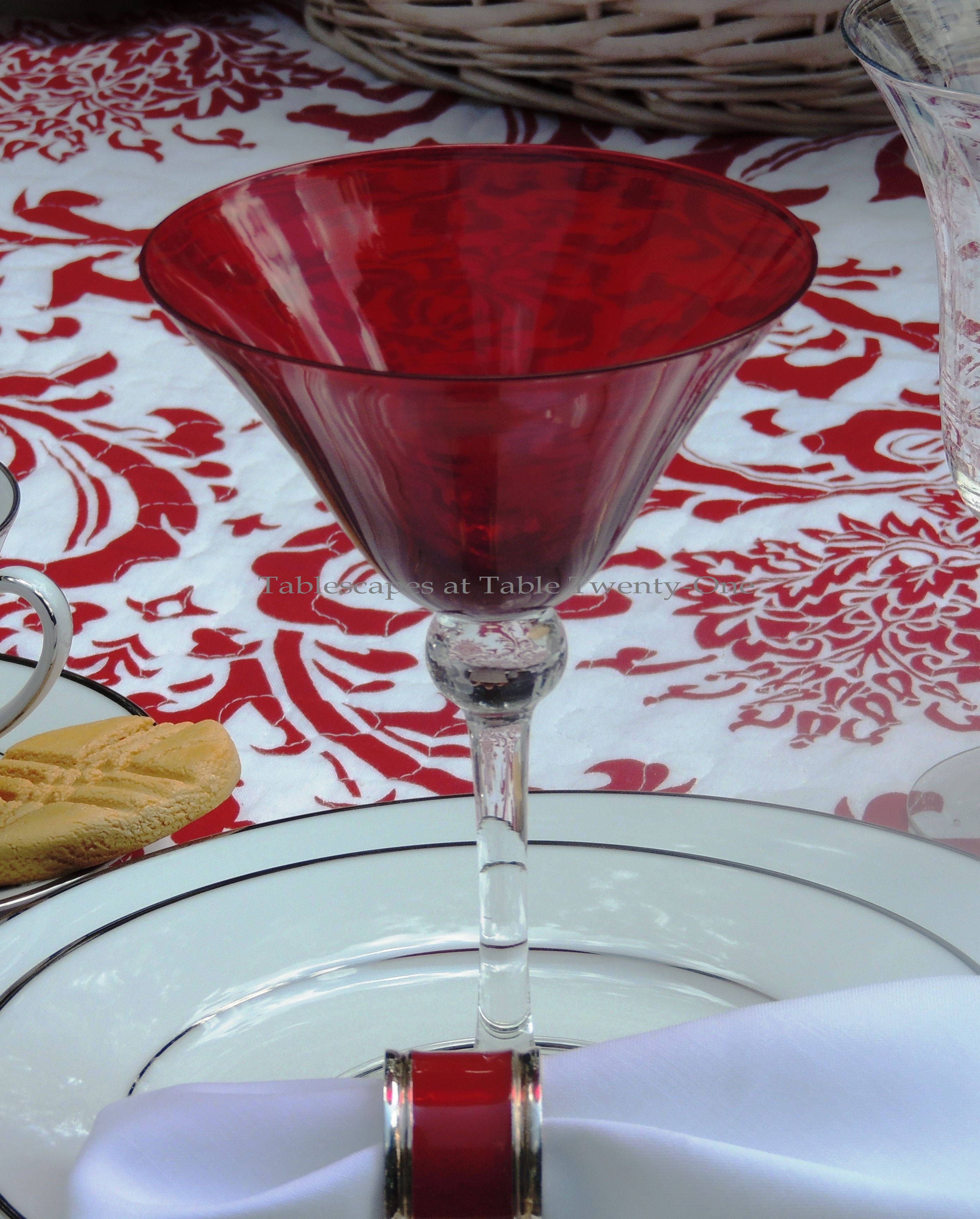 Tablescapes at Table Twenty-One, www.tabletwentyone.wordpress.com, Midsummer Shabby Chic Apple Tablescape: red martini glass from Pier 1 used for fruit compote