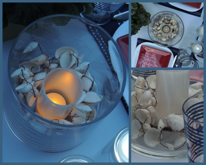 Tablescapes at Table Twenty-One, www.tabletwentyone.wordpress.com, 4th of July Coastal Style: glass cylinder with LED candle and seashell candle ring collage