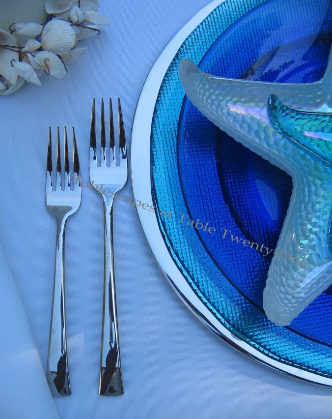 Tablescapes at Table Twenty-One, www.tabletwentyone.wordpress.com, Ocean Blue – Starfish & Seashells: J.A. Henckels "Bellaserra" stainless flatware