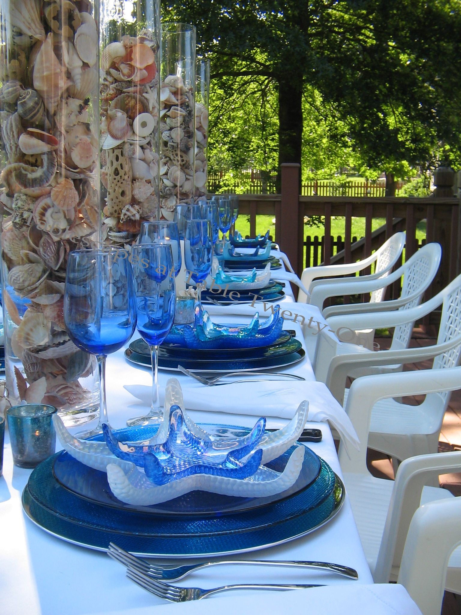 Tablescapes at Table Twenty-One, www.tabletwentyone.wordpress.com, Ocean Blue – Starfish & Seashells:  Multiple place settings