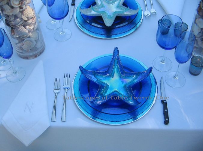 Tablescapes at Table Twenty-One, www.tabletwentyone.wordpress.com, Ocean Blue – Starfish & Seashells:  Single place setting with glass starfish plates, Rocco Bormioli glass chargers