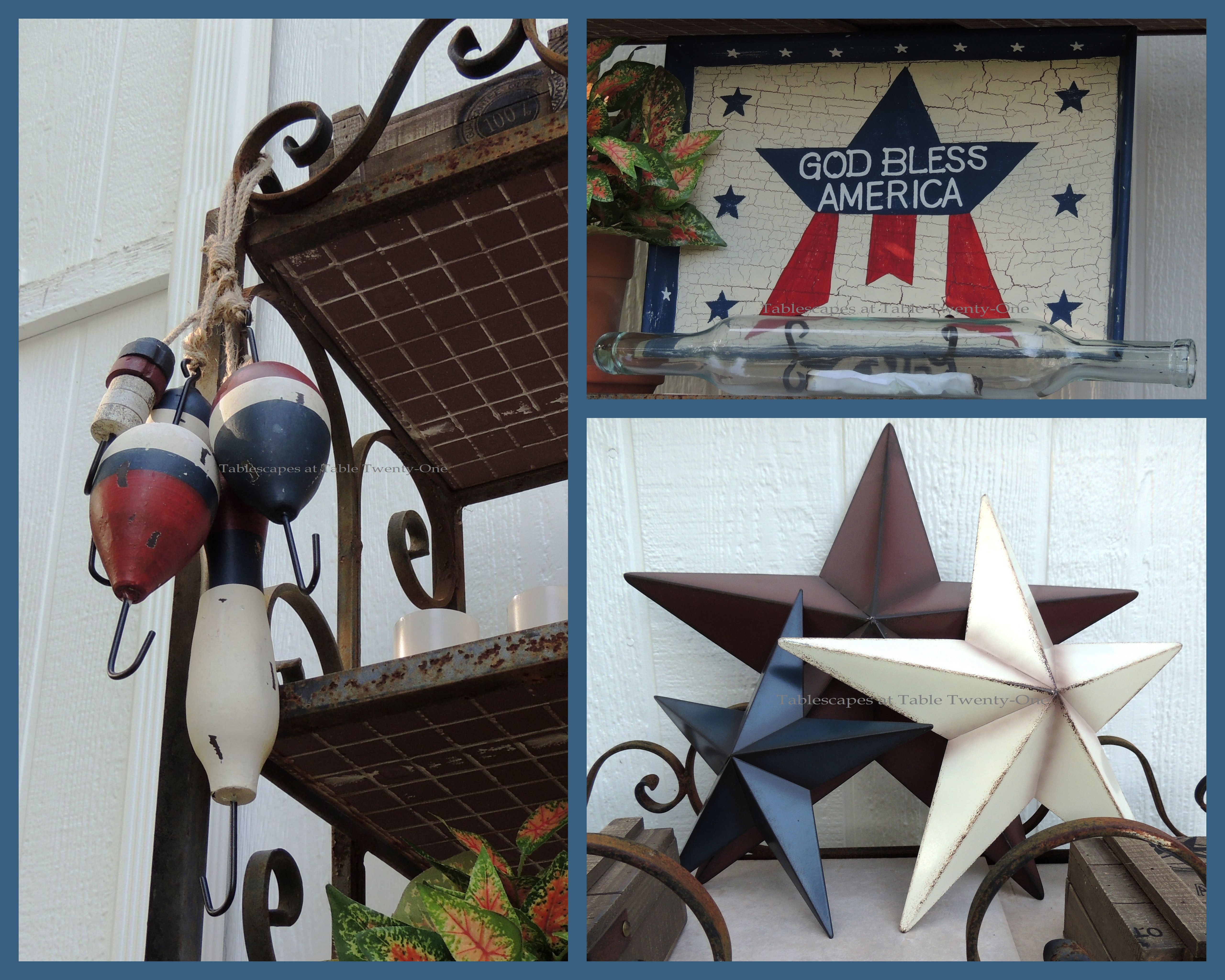 Tablescapes at Table Twenty-One, www.tabletwentyone.wordpress.com, 4th of July Coastal Style: Metal stars, fishing bobbers, patriotic tray, message in a bottle collage