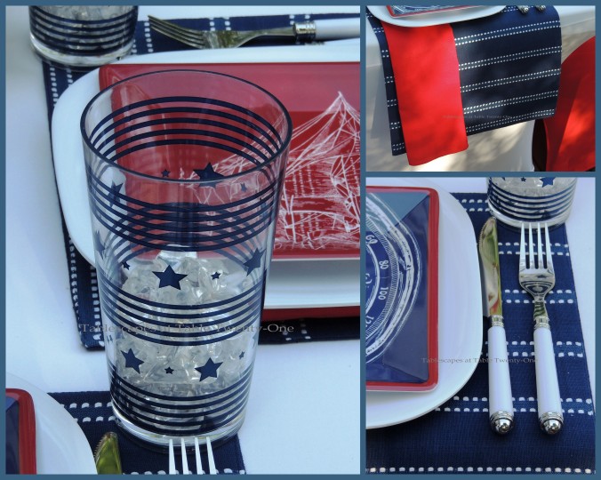 Tablescapes at Table Twenty-One, www.tabletwentyone.wordpress.com, 4th of July Coastal Style: red napkin, navy & white striped placemat, flatware, stars & stripes tumbler collage