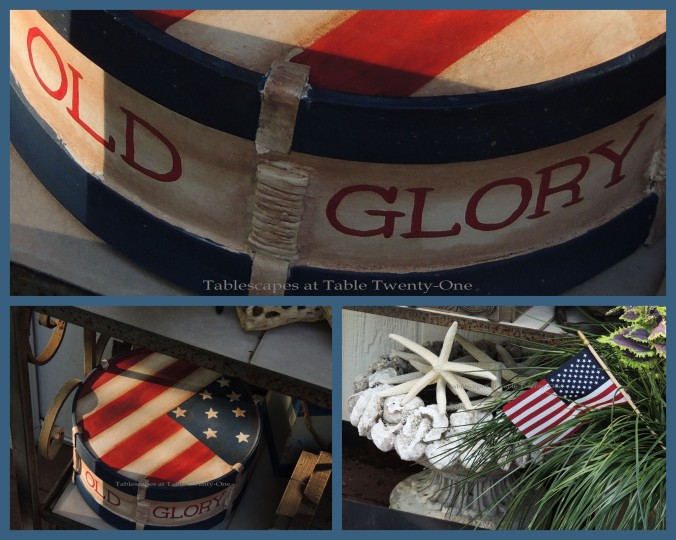 Tablescapes at Table Twenty-One, www.tabletwentyone.wordpress.com, 4th of July Coastal Style: Old Glory wooden box, starfish in planter collage