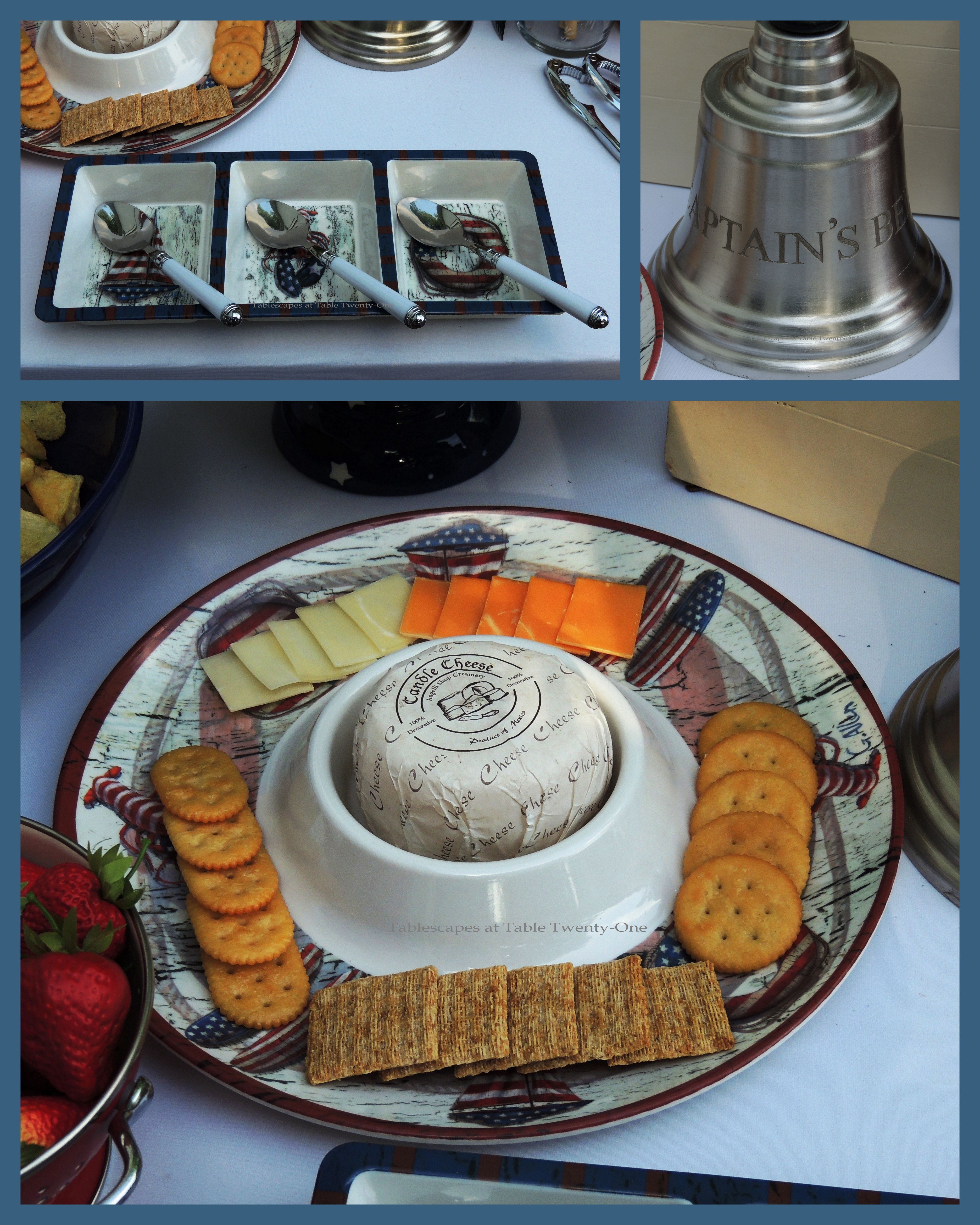 Tablescapes at Table Twenty-One, www.tabletwentyone.wordpress.com, 4th of July Coastal Style: Patriotic melamine nautical trays and captain's bell collage