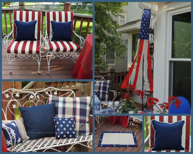 Tablescapes at Table Twenty-One, www.tabletwentyone.wordpress.com, 4th of July Coastal Style: Patriotic pillows on settee, chairs, rug, wind sock collage
