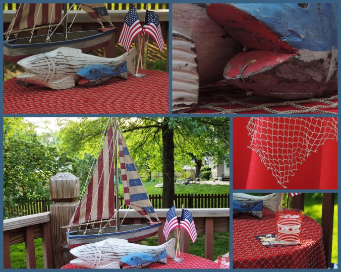 Tablescapes at Table Twenty-One, www.tabletwentyone.wordpress.com, 4th of July Coastal Style: Patriotic sailboat, wooden fish, cocktail, fishnet overlay collage