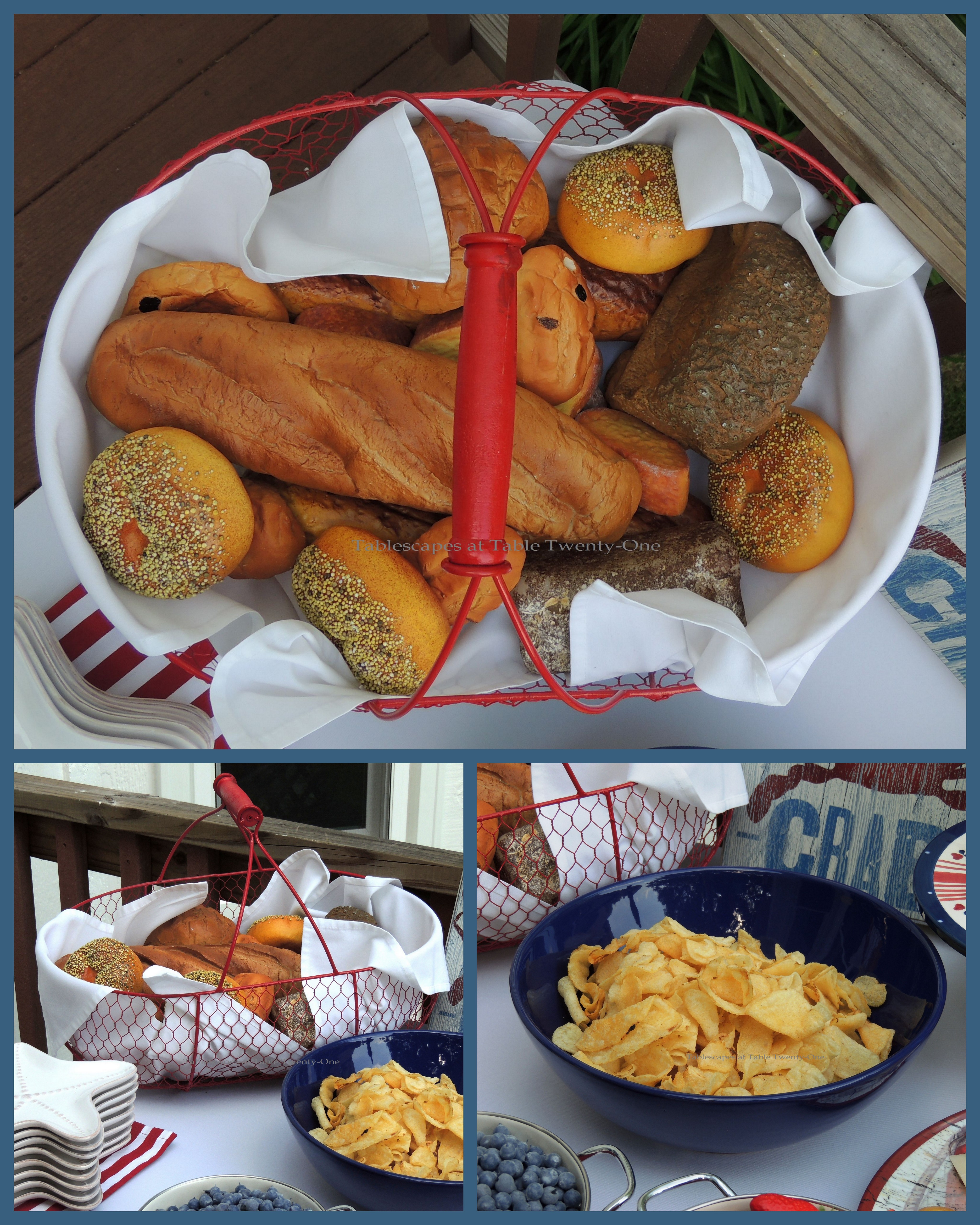 Tablescapes at Table Twenty-One, www.tabletwentyone.wordpress.com, 4th of July Coastal Style: Red chicken wire bread basket, potato chip collage