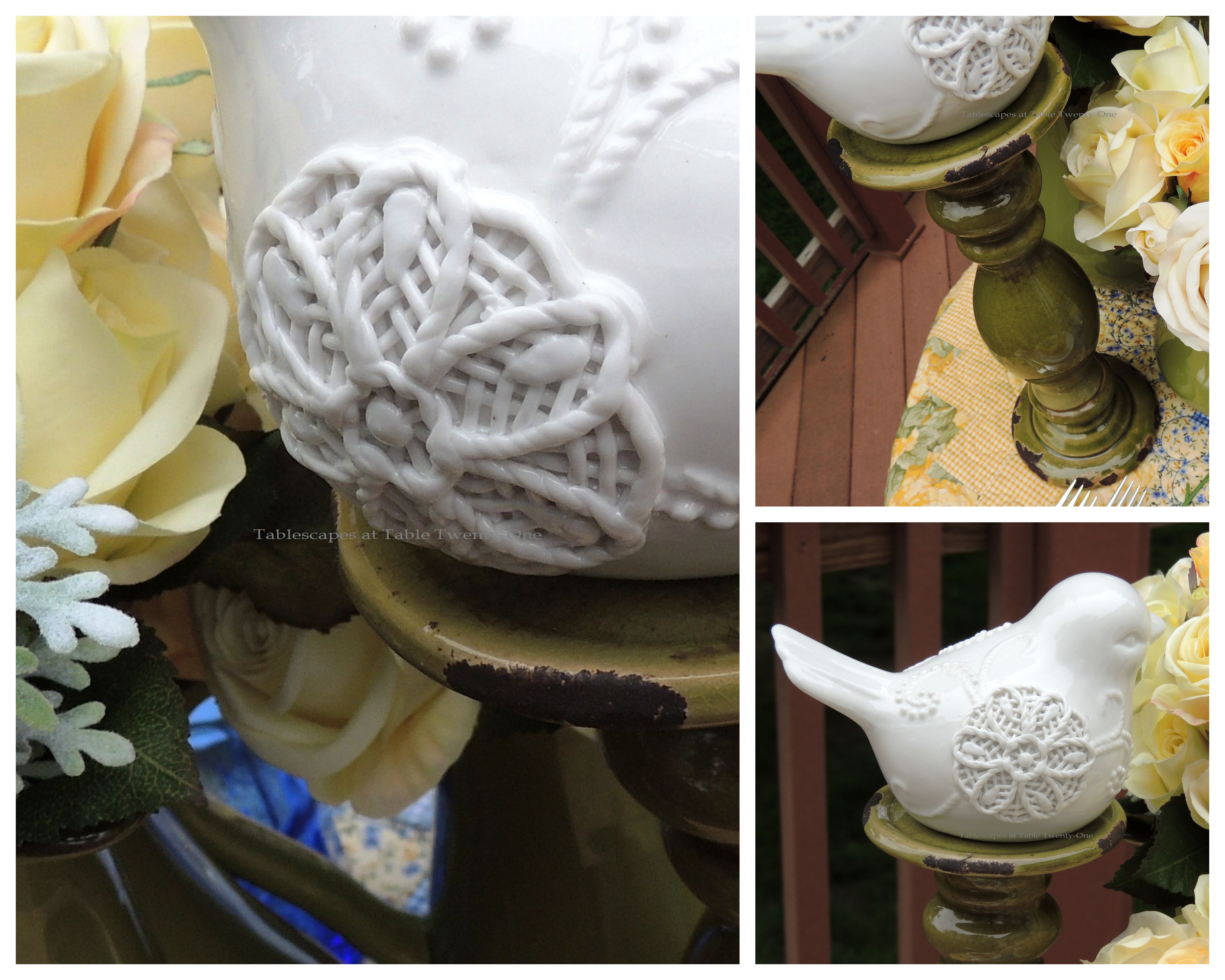 Tablescapes at Table Twenty-One, www.tabletwentyone.wordpress.com, Summer Luncheon for Two: White ceramic bird and shabby chic candlestick collage