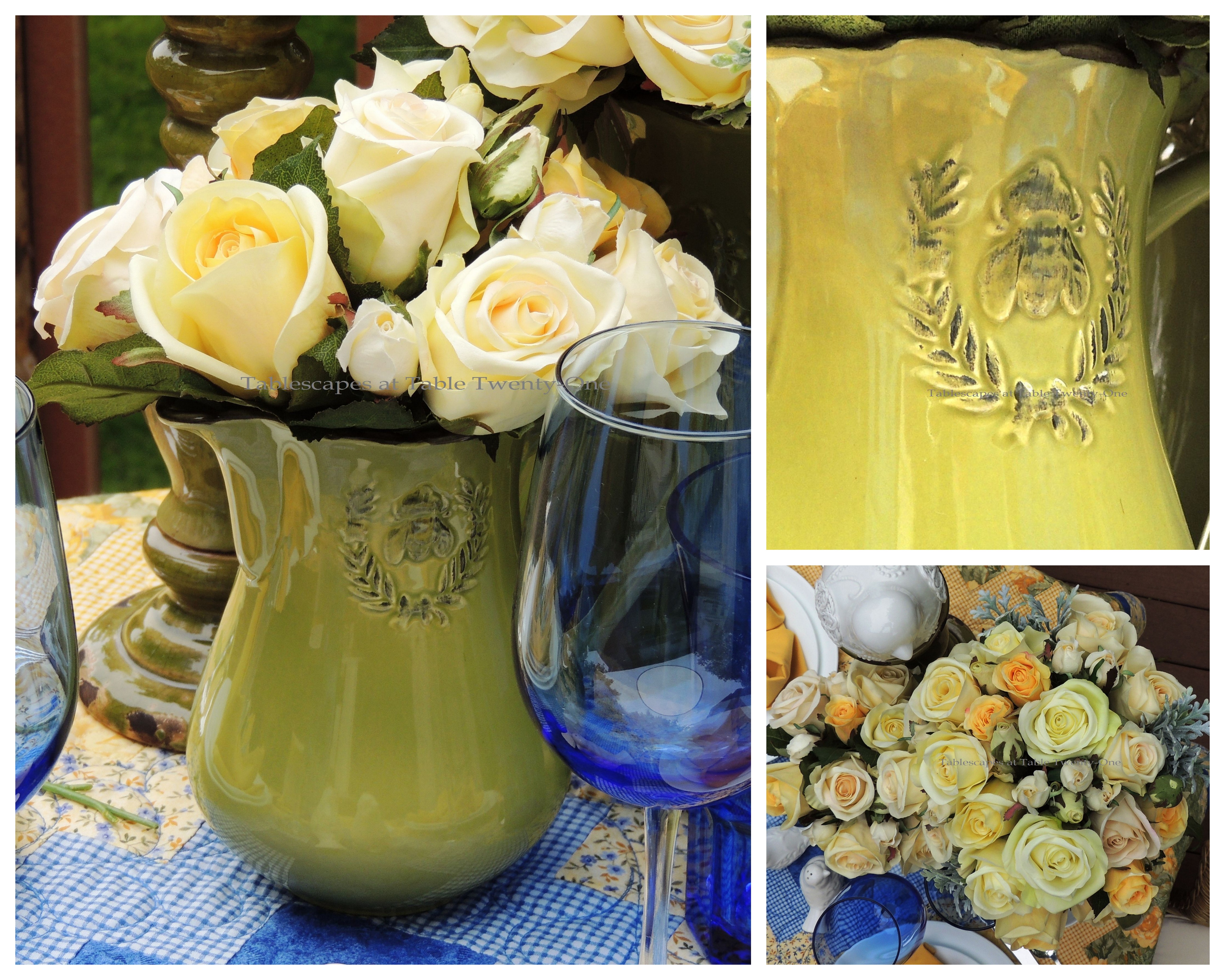 Tablescapes at Table Twenty-One, www.tabletwentyone.wordpress.com, Summer Luncheon for Two: Yellow rose florals and bee pitcher