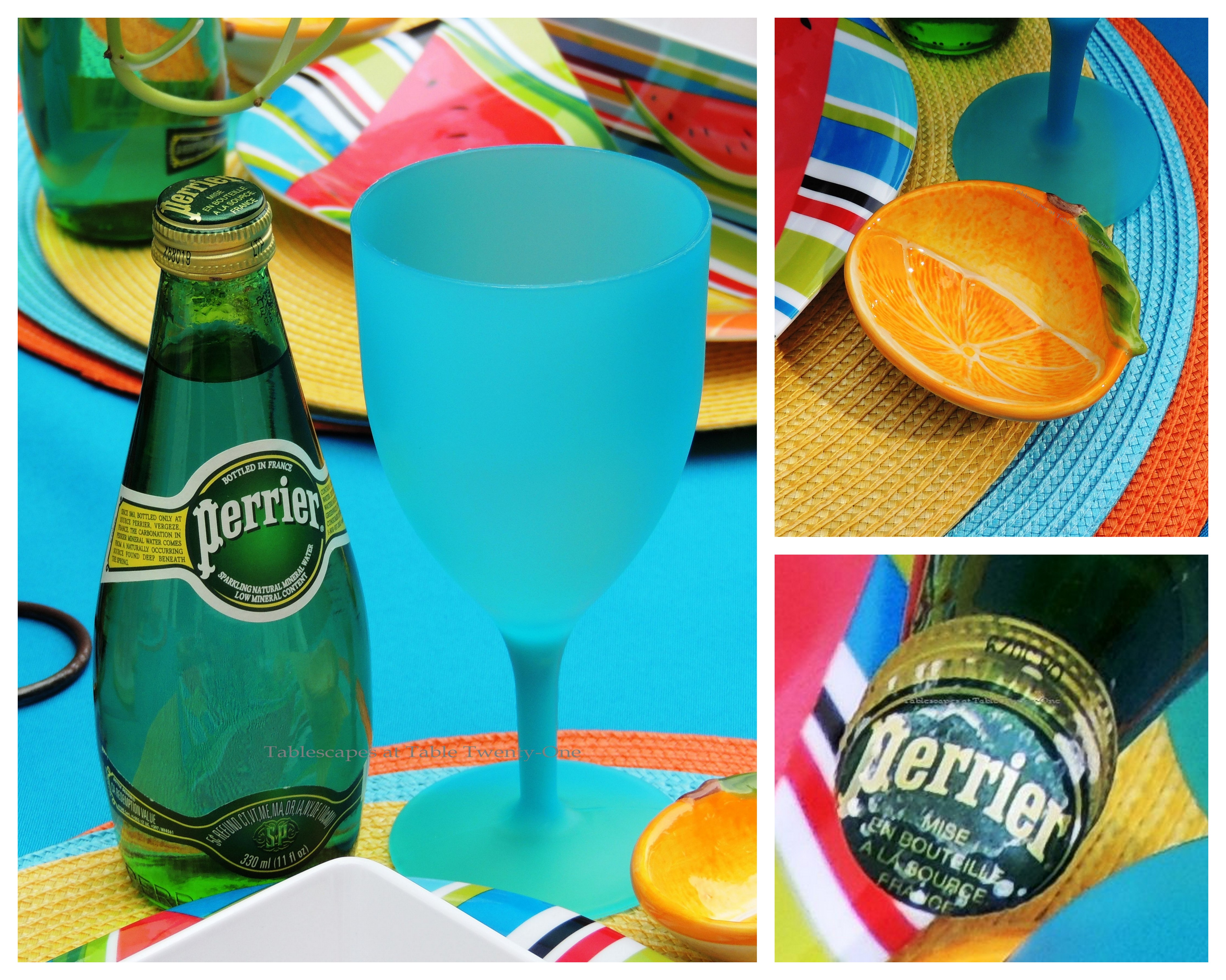 Tablescapes at Table Twenty-One, www.tabletwentyone.wordpress.com, Summer Fruits & Penny-farthings - Aqua tumbler, Perrier bottle, lemon finger dish collage