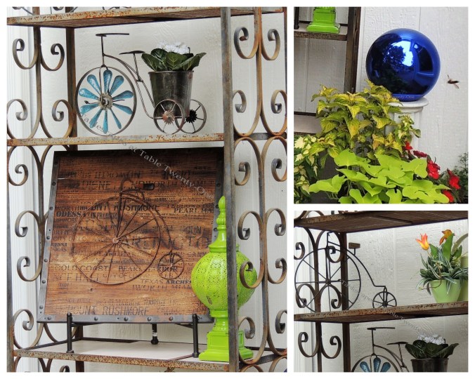 Tablescapes at Table Twenty-One, www.tabletwentyone.wordpress.com, Summer Fruits & Penny-farthings - Baker's rack collage