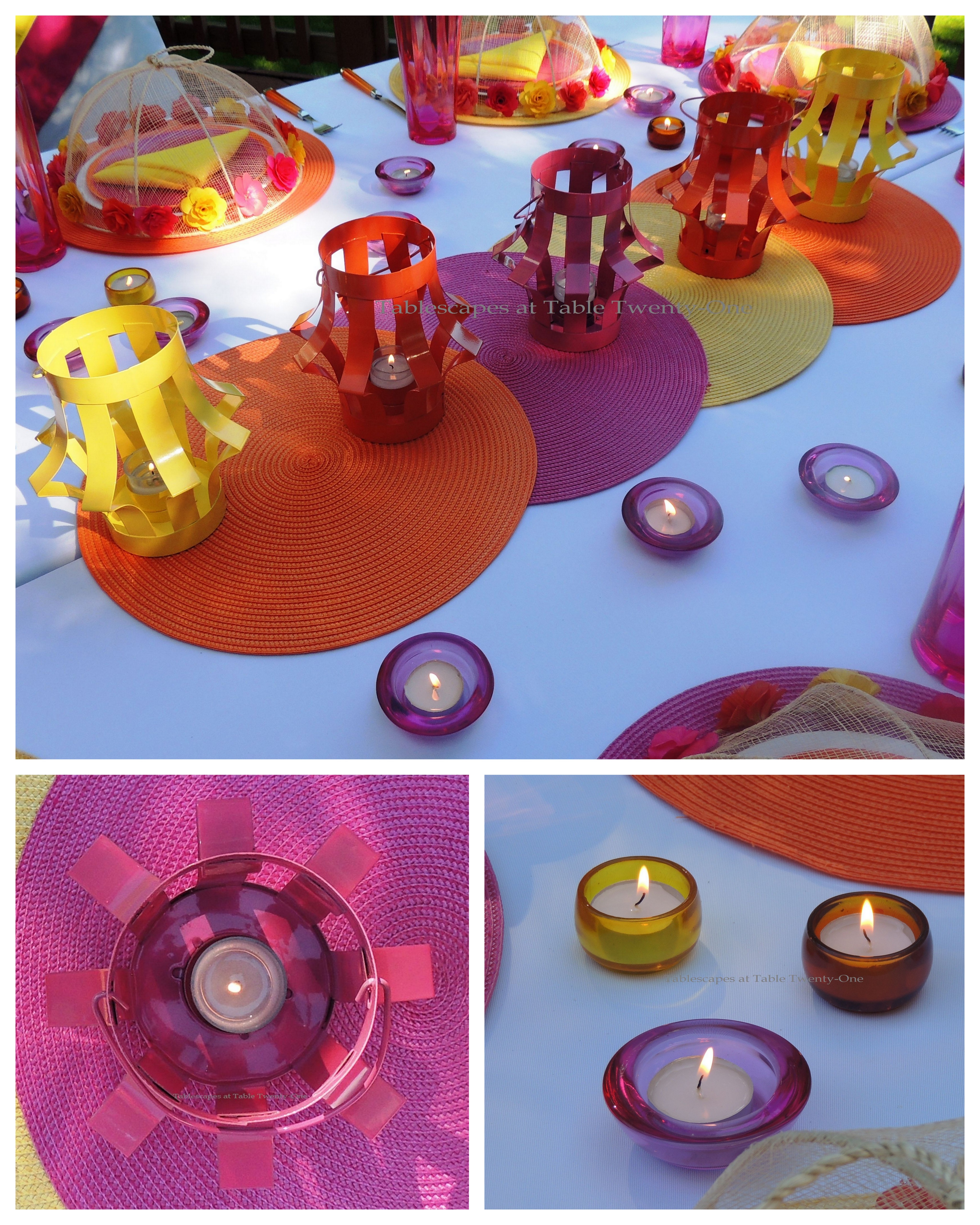 Tablescapes at Table Twenty-One, www.tabletwentyone.wordpress.com, Hot Fun in the Summertime! - Centerpiece collage with lanterns, votives, and placemat runner
