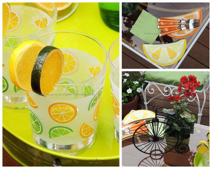 Tablescapes at Table Twenty-One, www.tabletwentyone.wordpress.com, Summer Fruits & Penny-farthings - Coffee table collage