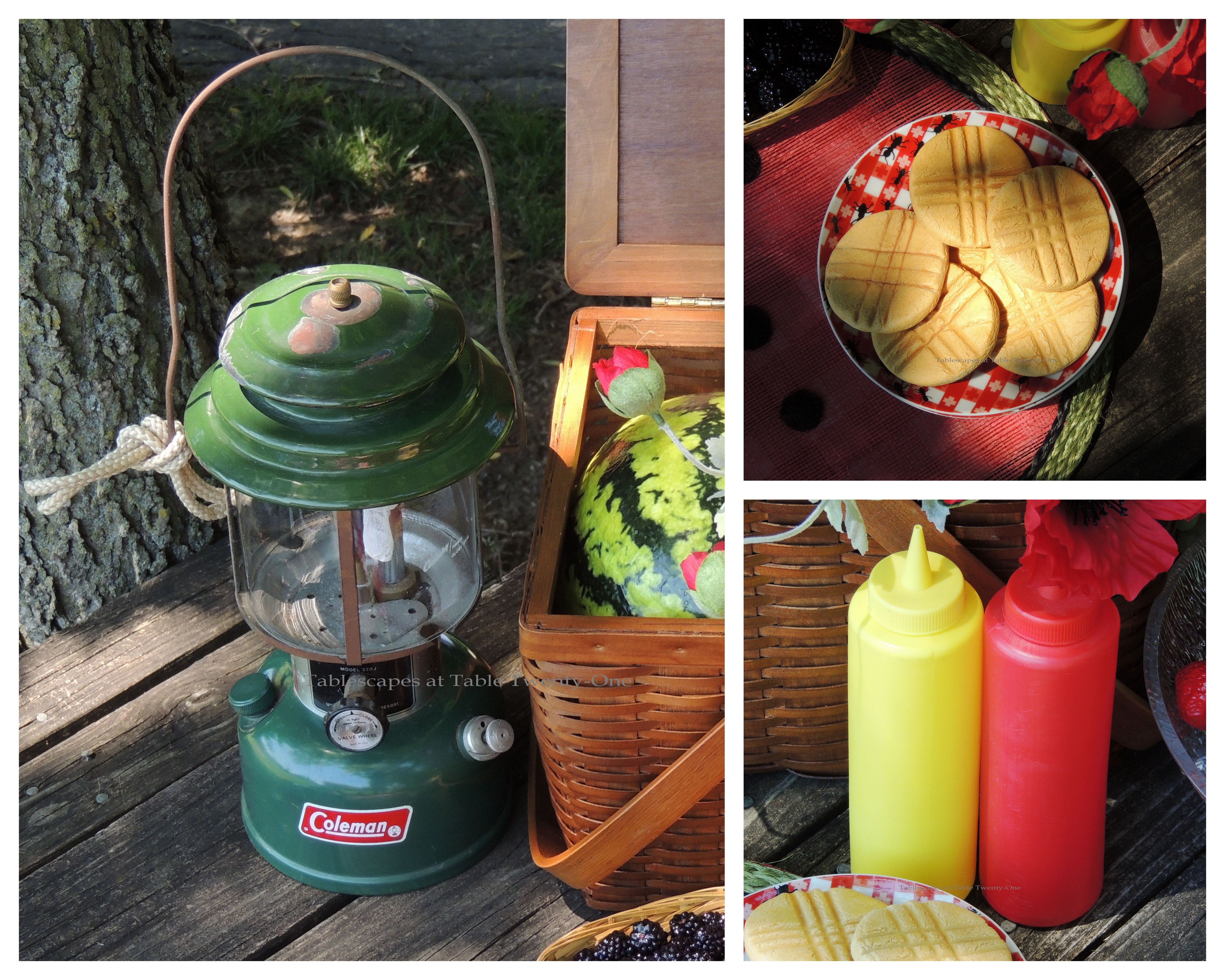 Tablescapes at Table Twenty-One, www.tabletwentyone.wordpress.com, Picnic Ants - Coleman lantern, cookies, condiment collage