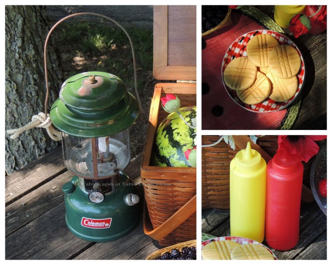 Tablescapes at Table Twenty-One, www.tabletwentyone.wordpress.com, Picnic Ants - Coleman lantern, cookies, condiment collage