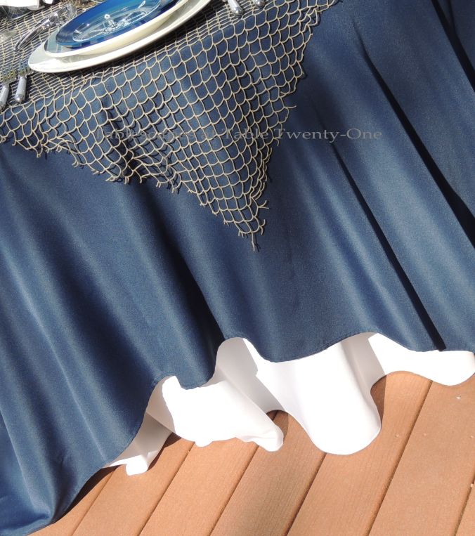 Tablescapes at Table Twenty-One, www.tabletwentyone.wordpress.com, Old Navy Seafood Boil - double linens and fishnet topper