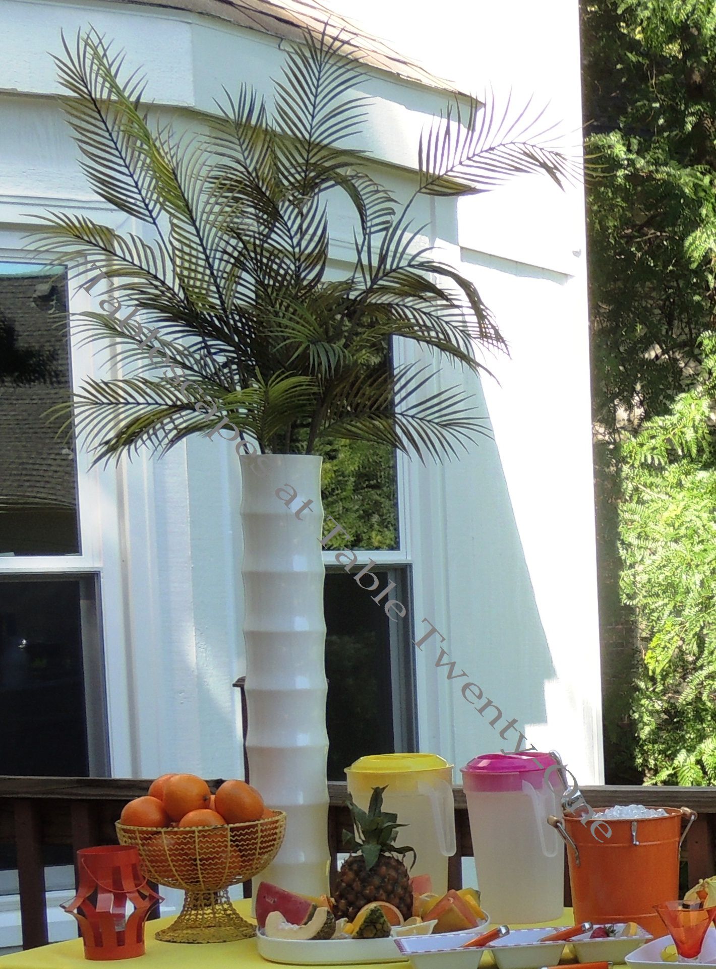 Tablescapes at Table Twenty-One, www.tabletwentyone.wordpress.com, Hot Fun in the Summertime! - tropical "palm tree" floral piece