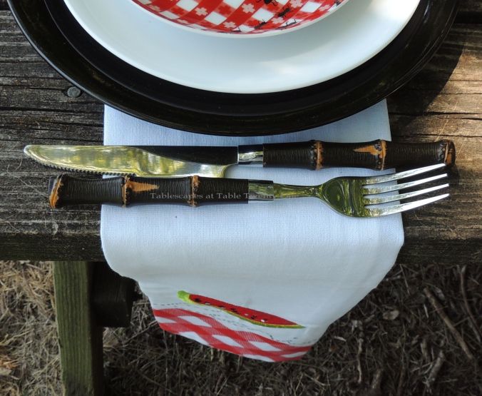 Tablescapes at Table Twenty-One, www.tabletwentyone.wordpress.com, Picnic Ants - black faux bamboo flatware