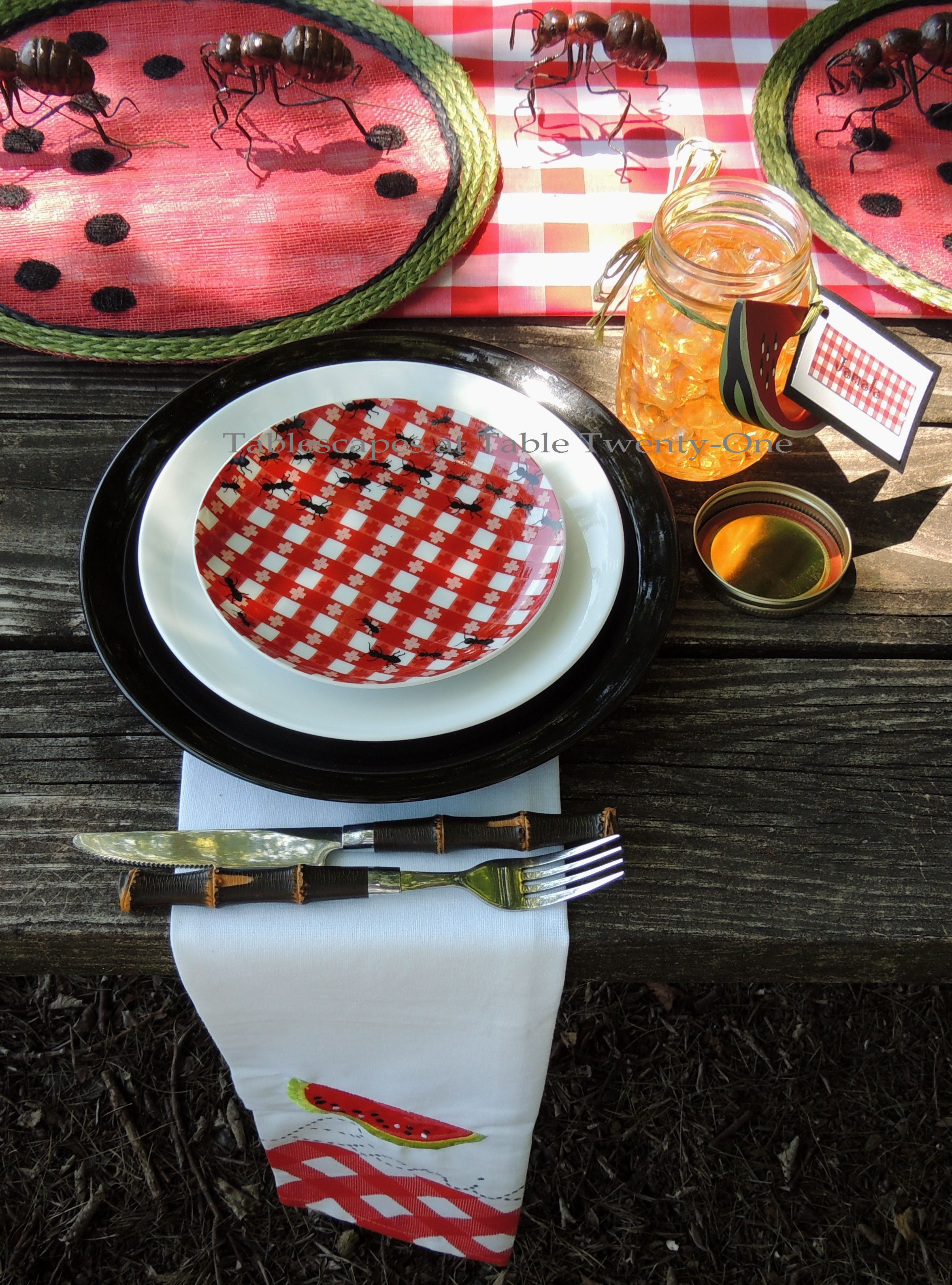 Tablescapes at Table Twenty-One, www.tabletwentyone.wordpress.com, Picnic Ants - Place setting