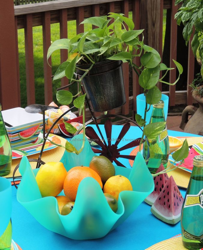 Tablescapes at Table Twenty-One, www.tabletwentyone.wordpress.com, Summer Fruits & Penny-farthings - penny-farthing & fruit centerpiece