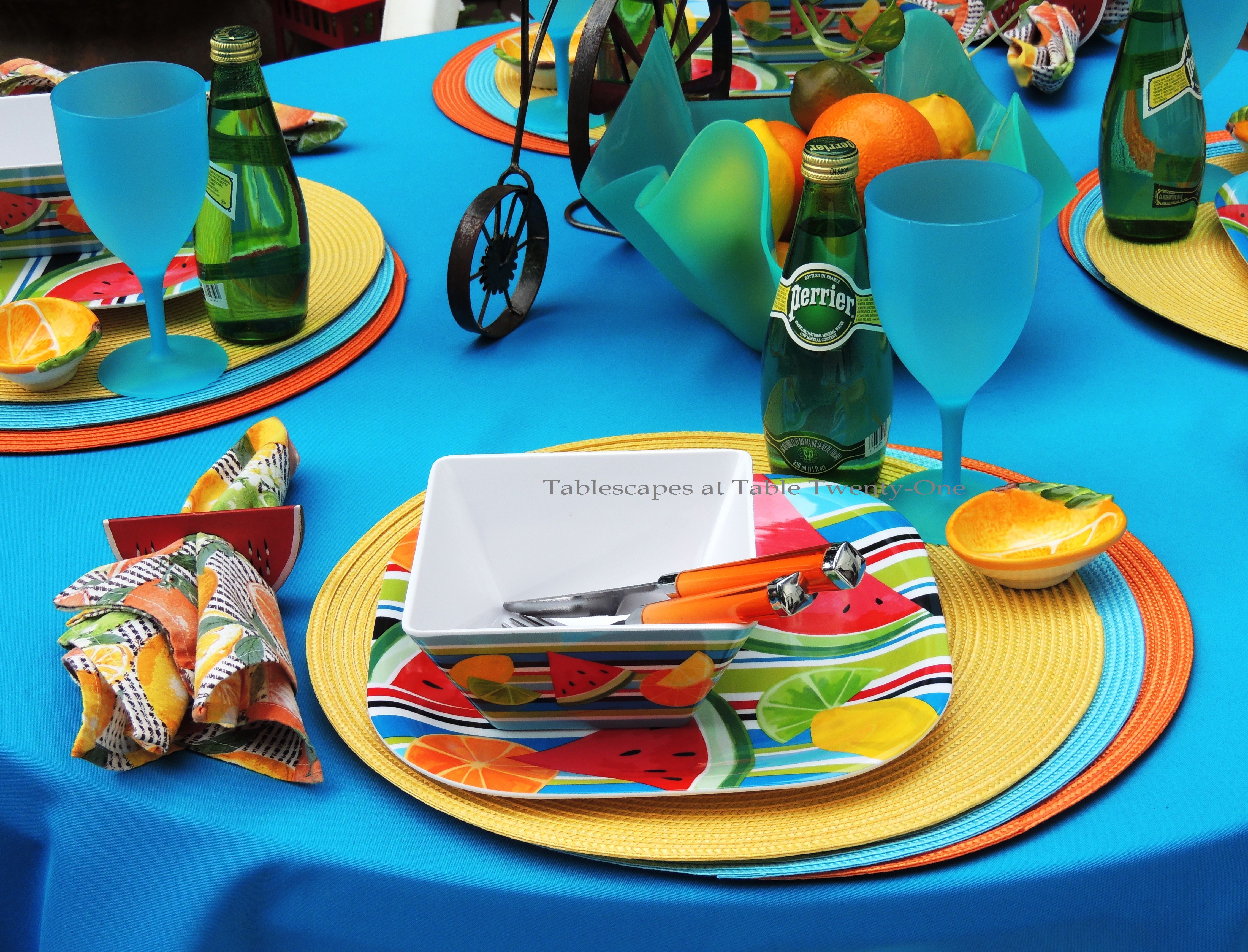 Tablescapes at Table Twenty-One, www.tabletwentyone.wordpress.com, Summer Fruits & Penny-farthings - Place setting