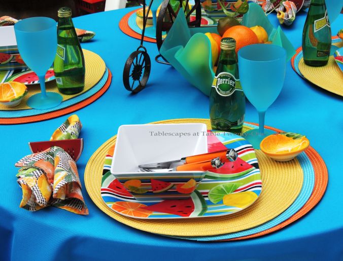 Tablescapes at Table Twenty-One, www.tabletwentyone.wordpress.com, Summer Fruits & Penny-farthings - Place setting