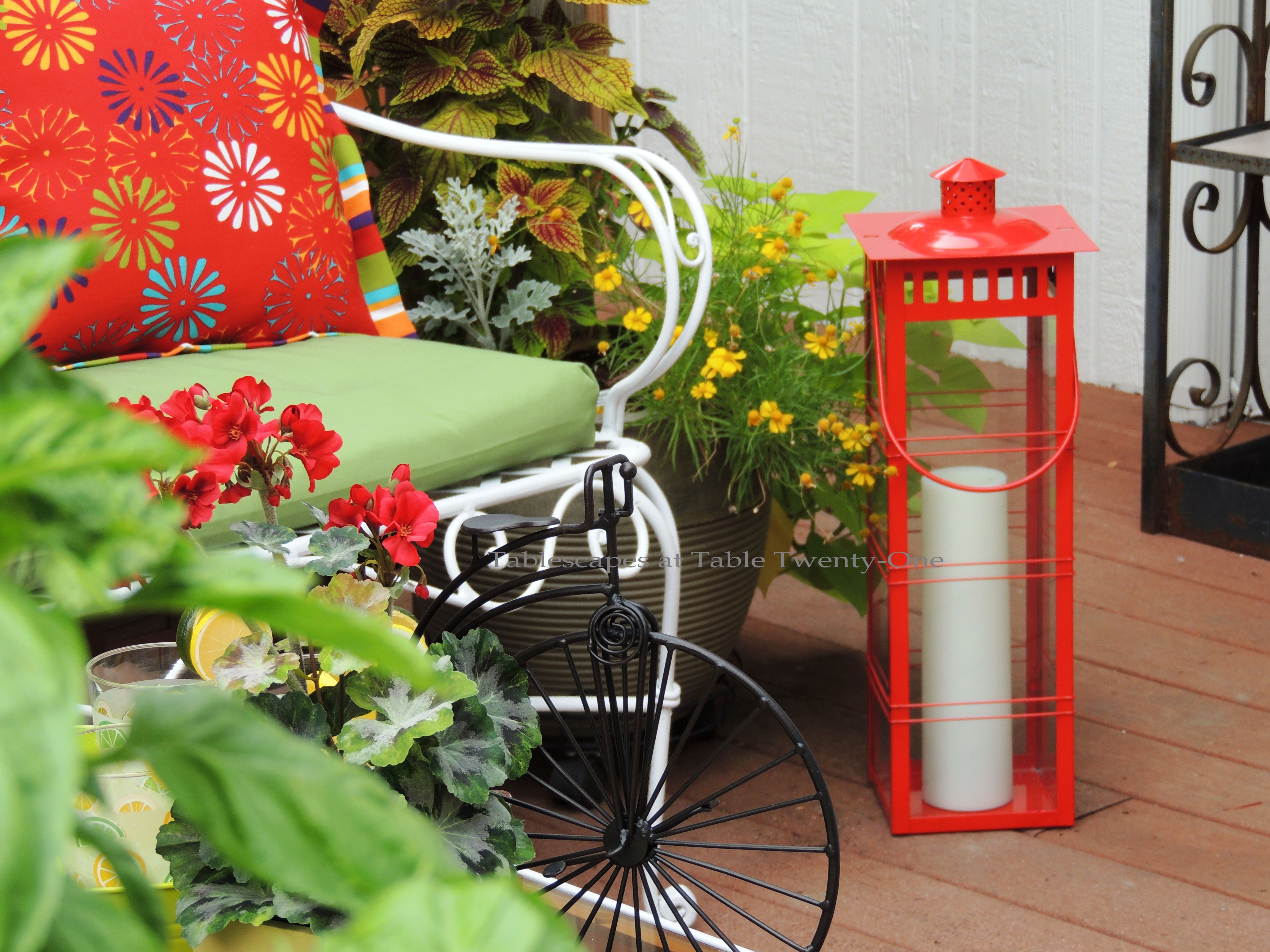 Tablescapes at Table Twenty-One, www.tabletwentyone.wordpress.com, Summer Fruits & Penny-farthings - red metal lantern