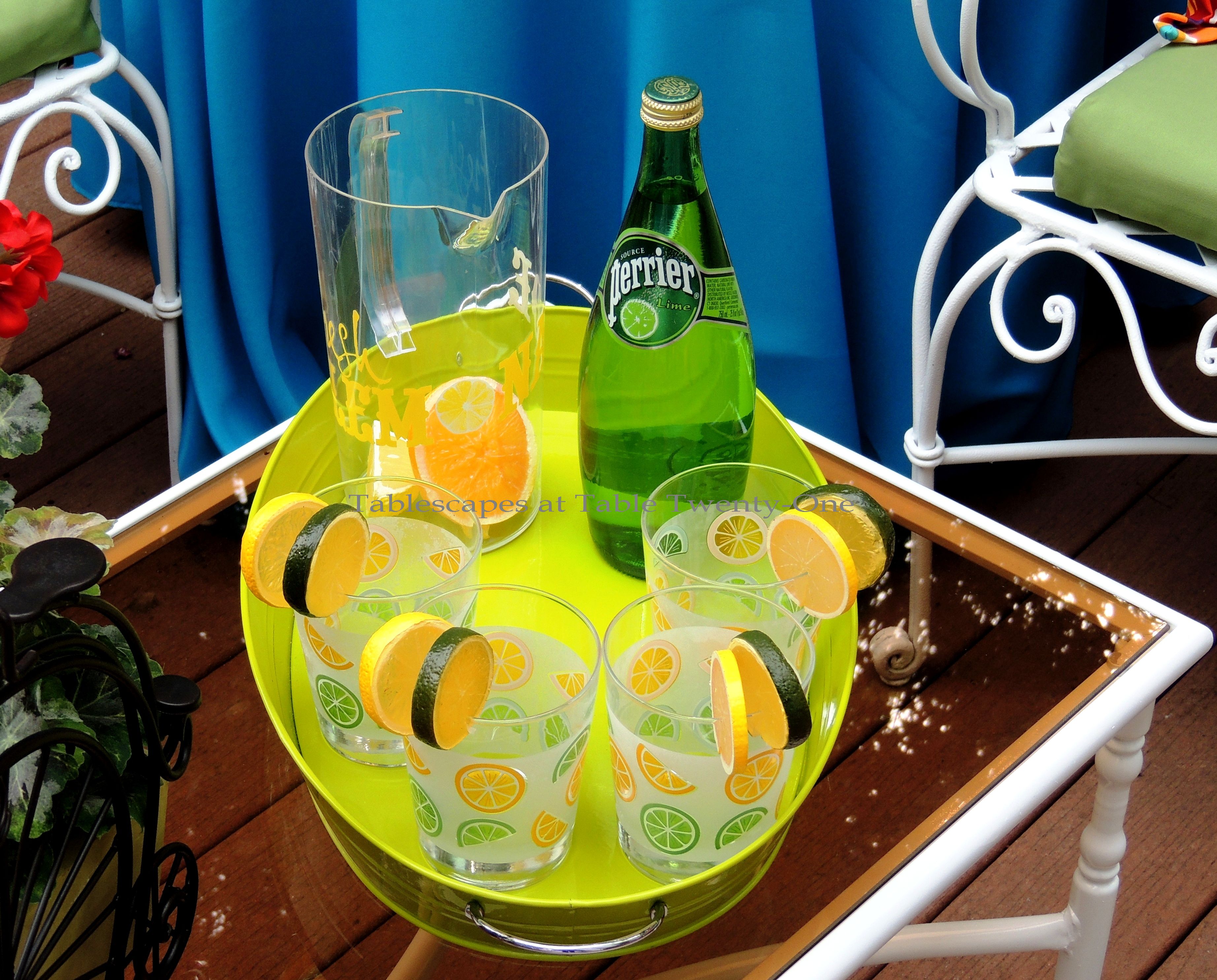 Tablescapes at Table Twenty-One, www.tabletwentyone.wordpress.com, Summer Fruits & Penny-farthings - drink tray on outdoor coffee table