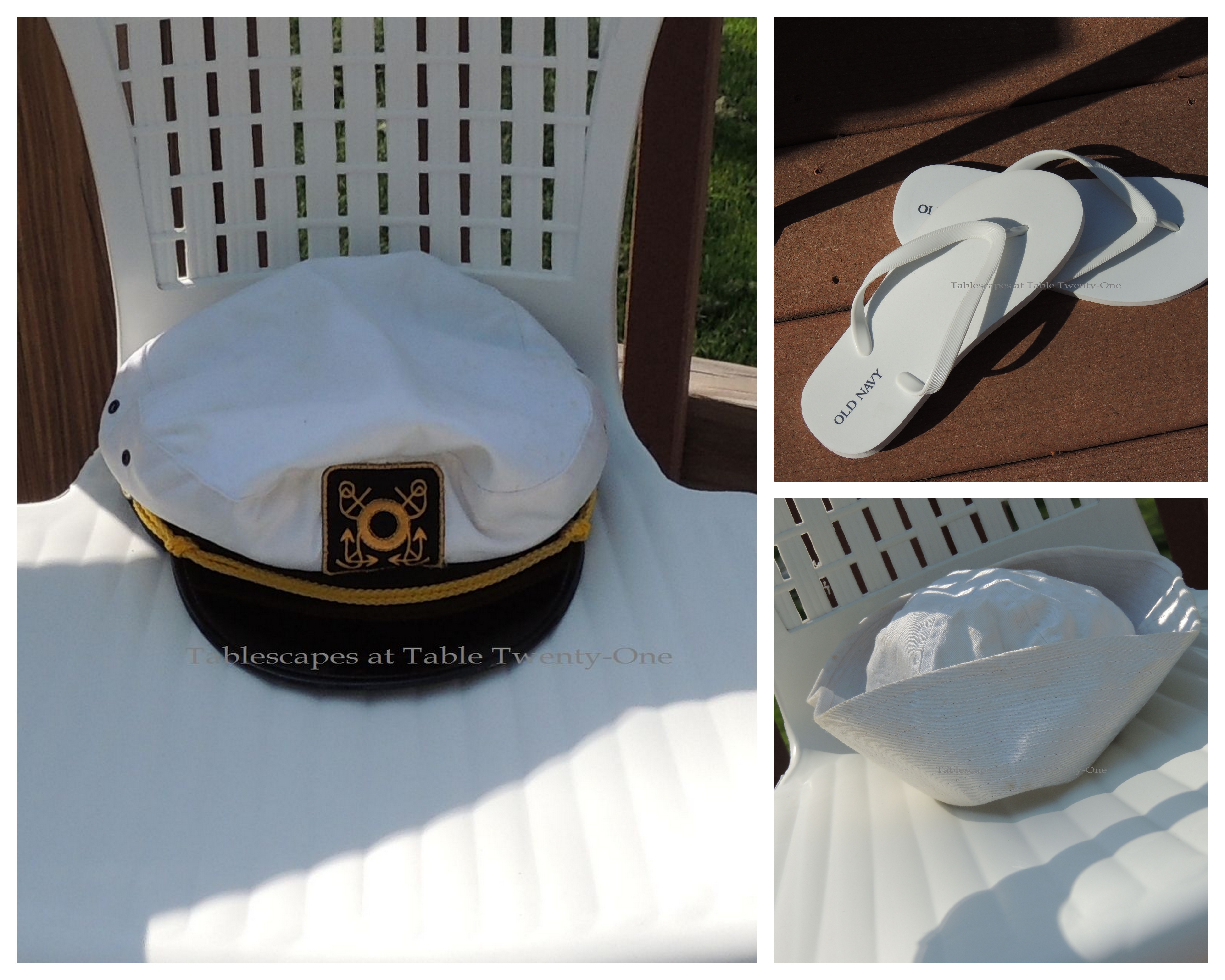 Tablescapes at Table Twenty-One, www.tabletwentyone.wordpress.com, Old Navy Seafood Boil - Hat and sandal collage