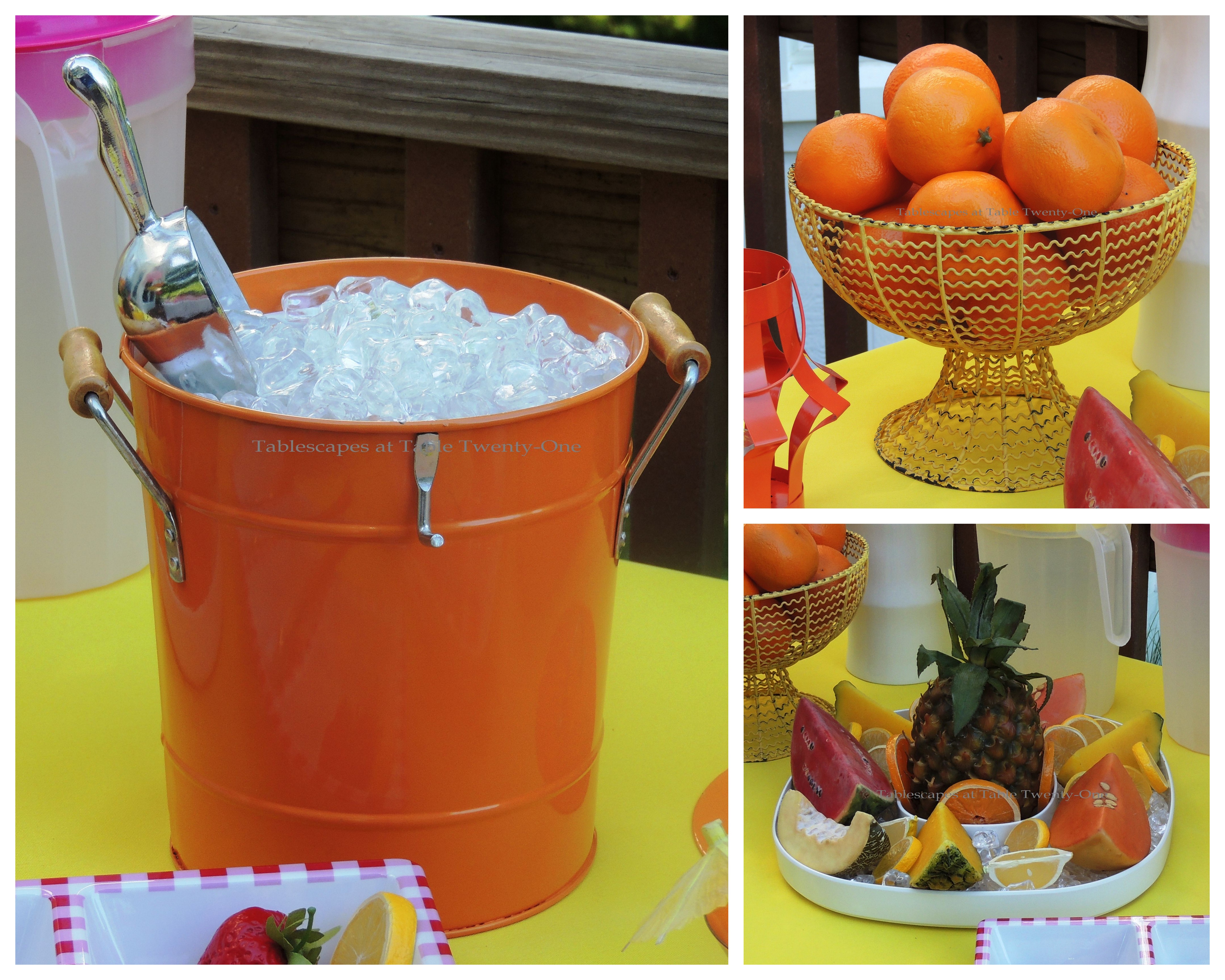 Tablescapes at Table Twenty-One, www.tabletwentyone.wordpress.com, Hot Fun in the Summertime! - Ice bucket, fruits collage