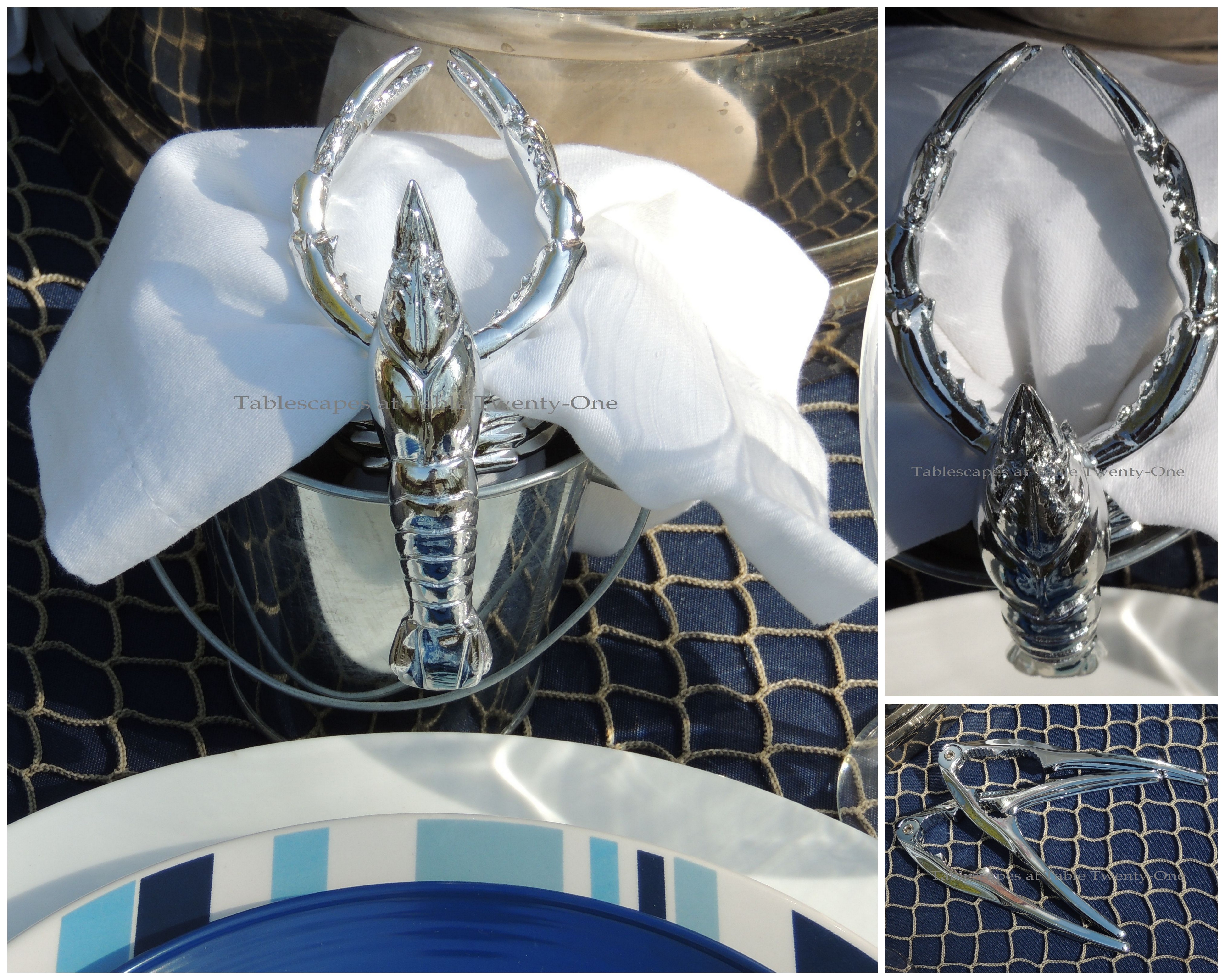 Tablescapes at Table Twenty-One, www.tabletwentyone.wordpress.com, Old Navy Seafood Boil - Napkin, lobster napkin ring, pail, crackers collage