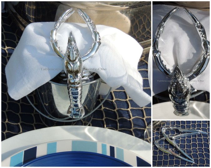 Tablescapes at Table Twenty-One, www.tabletwentyone.wordpress.com, Old Navy Seafood Boil - Napkin, lobster napkin ring, pail, crackers collage