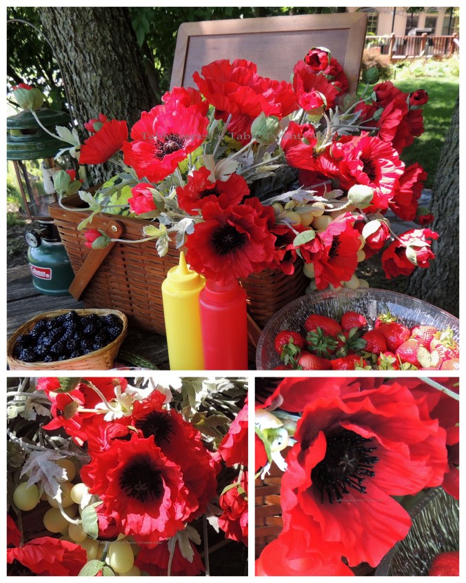 Tablescapes at Table Twenty-One, www.tabletwentyone.wordpress.com, Picnic Ants - Picnic basket & poppies collage