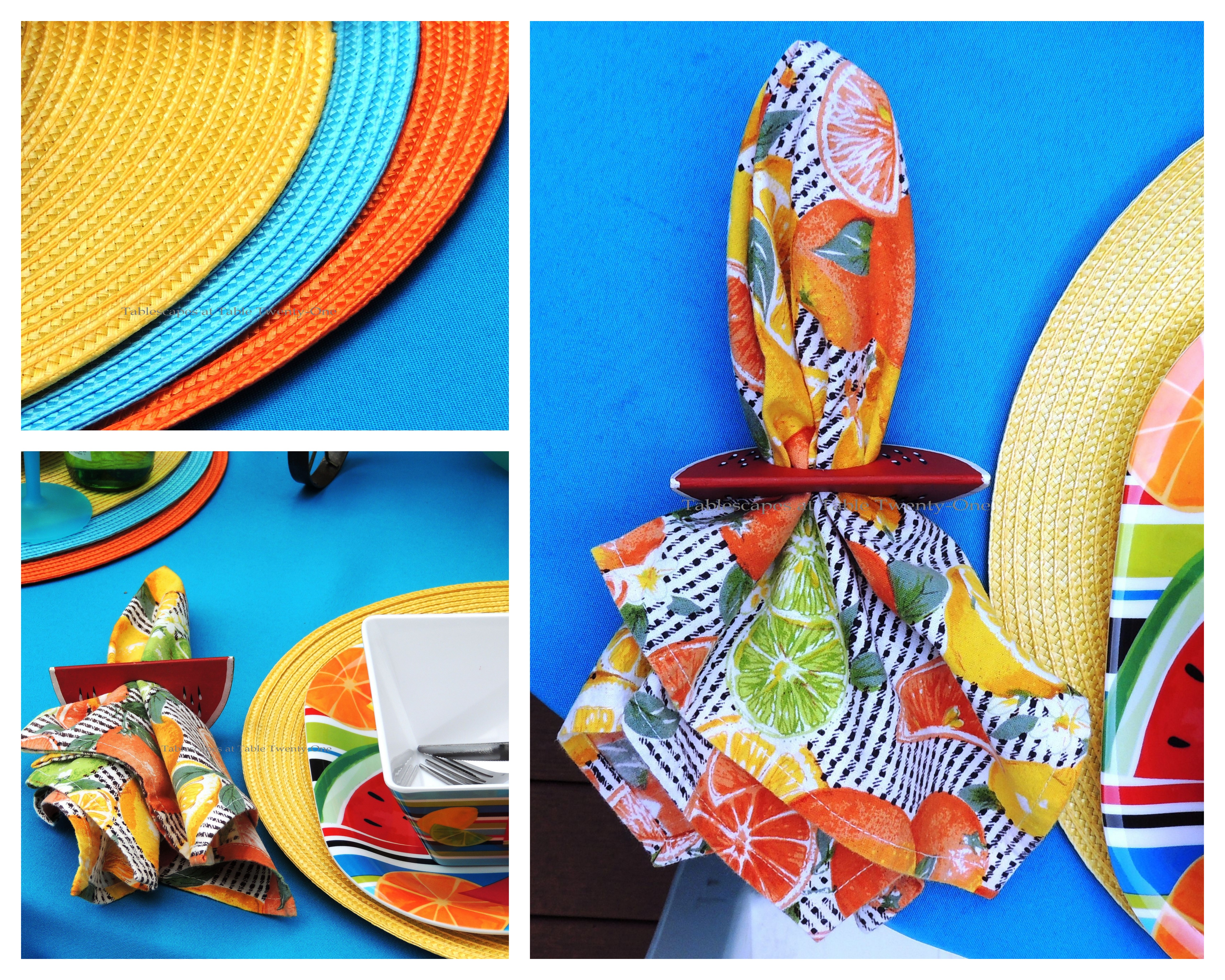 Tablescapes at Table Twenty-One, www.tabletwentyone.wordpress.com, Summer Fruits & Penny-farthings - Placemat, napkin, watermelon napkin ring collage