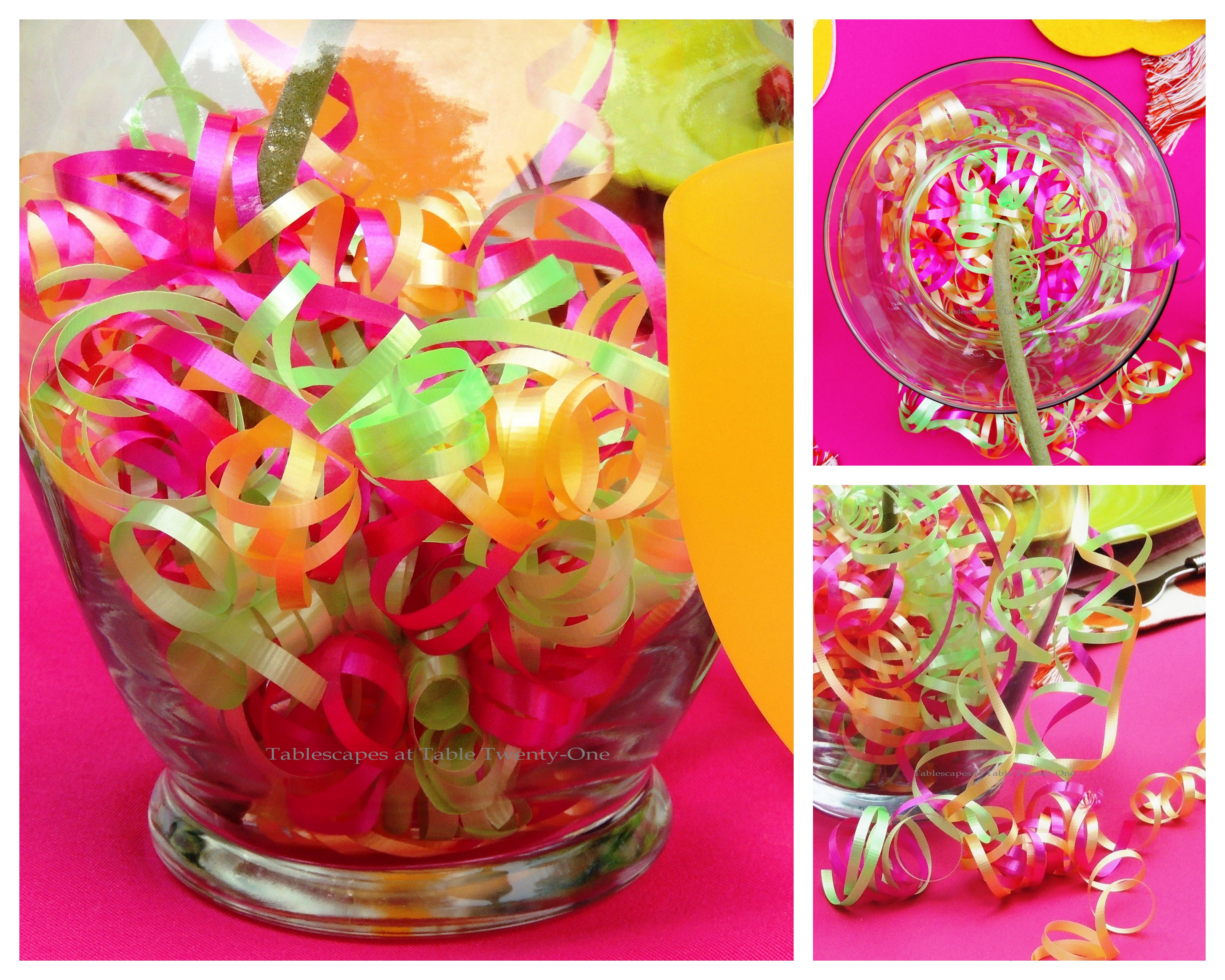 Tablescapes at Table Twenty-One, www.tabletwentyone.wordpress.com, Cupcake Colors - Centerpiece curling ribbon