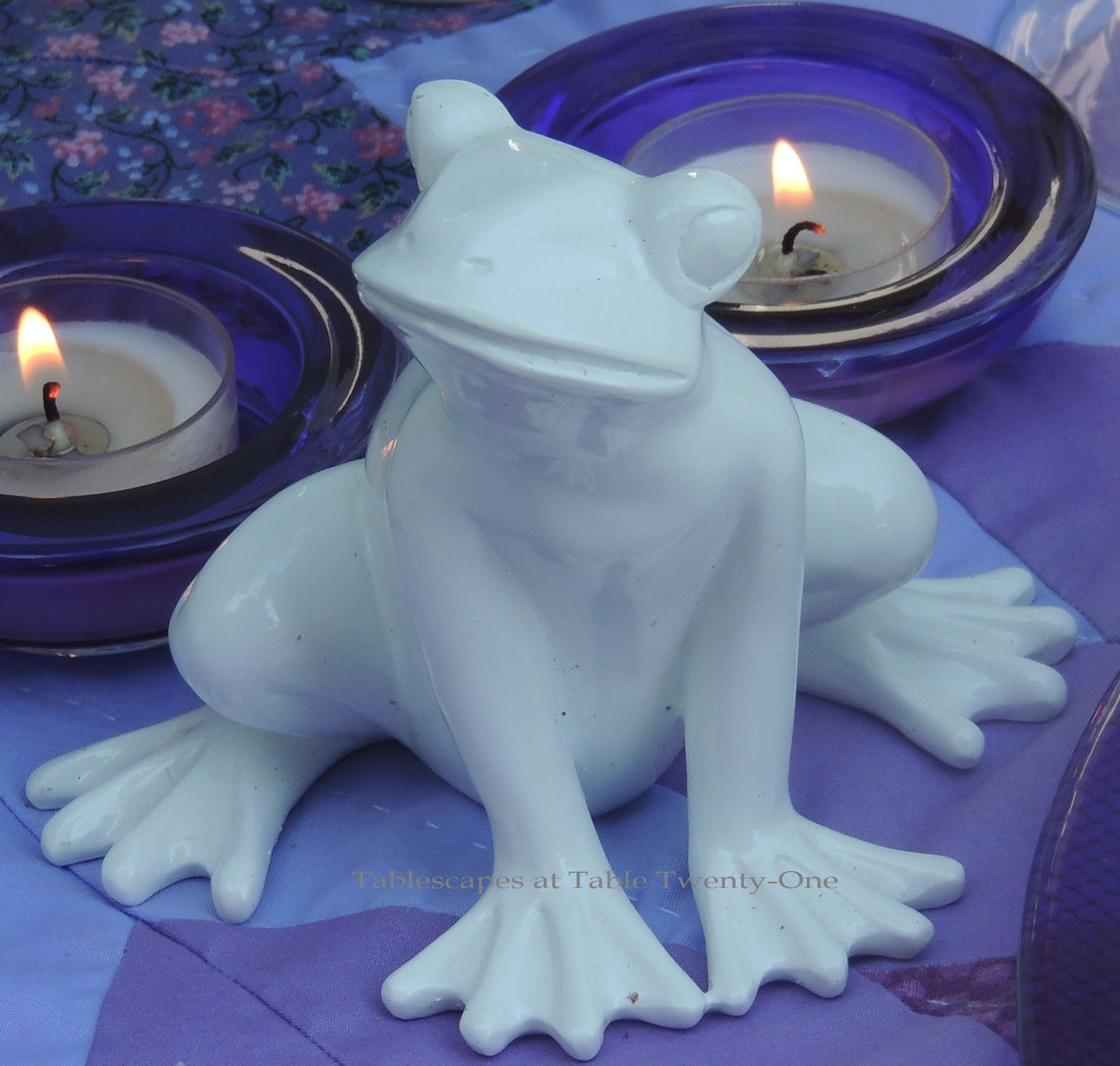 Tablescapes at Table Twenty-One, www.tabletwentyone.wordpress.com, Luscious Layers of Lavender: squatting ceramic white frog