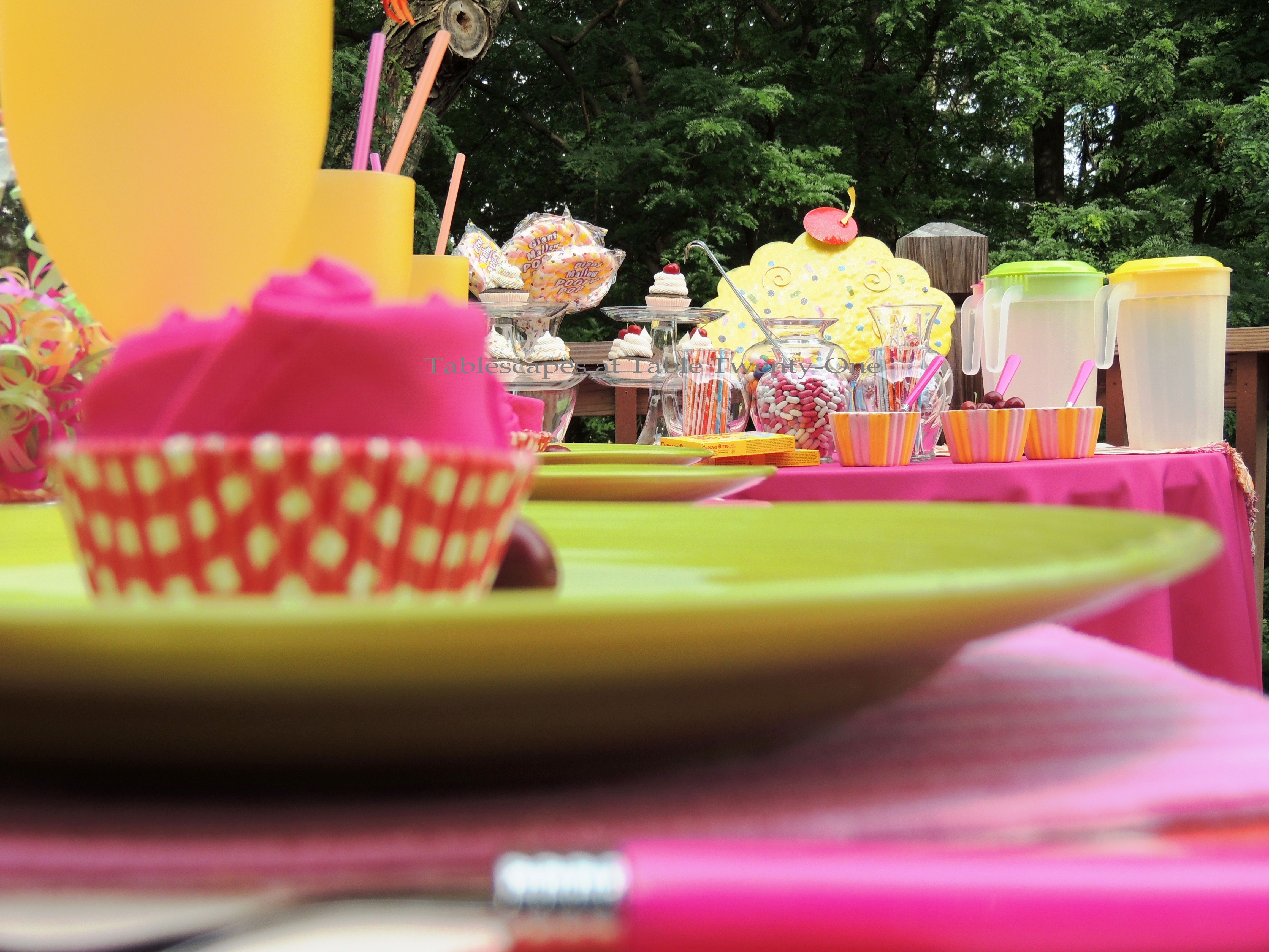 Tablescapes at Table Twenty-One, www.tabletwentyone.wordpress.com, Cupcake Colors - View of buffet from dining table