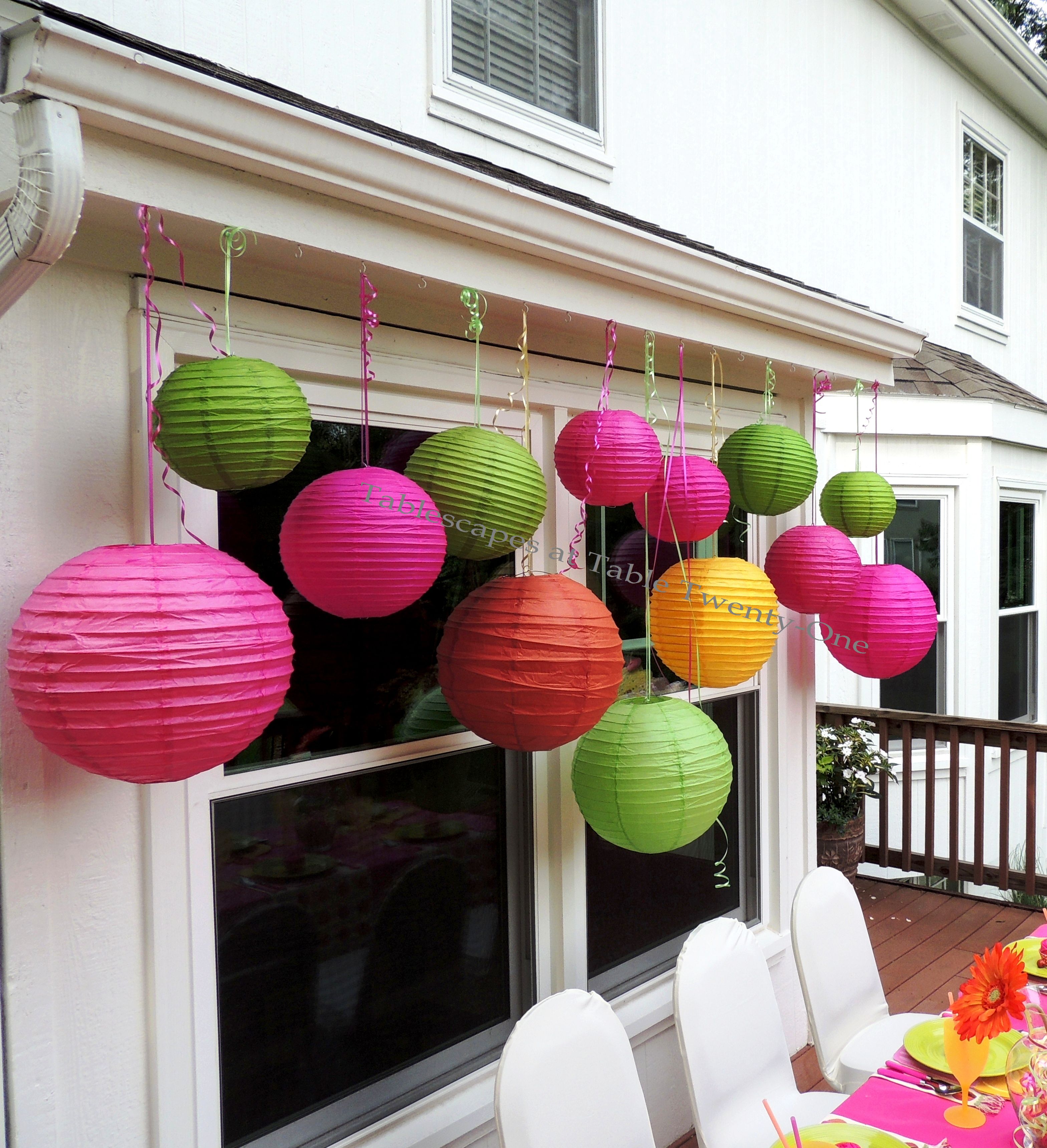 Tablescapes at Table Twenty-One, www.tabletwentyone.wordpress.com, Cupcake Colors - Paper lanterns on curling ribbon