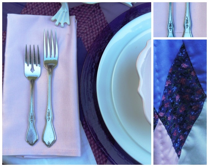 Tablescapes at Table Twenty-One, www.tabletwentyone.wordpress.com, Luscious Layers of Lavender: Flatware, flatware detailing, napkin collage