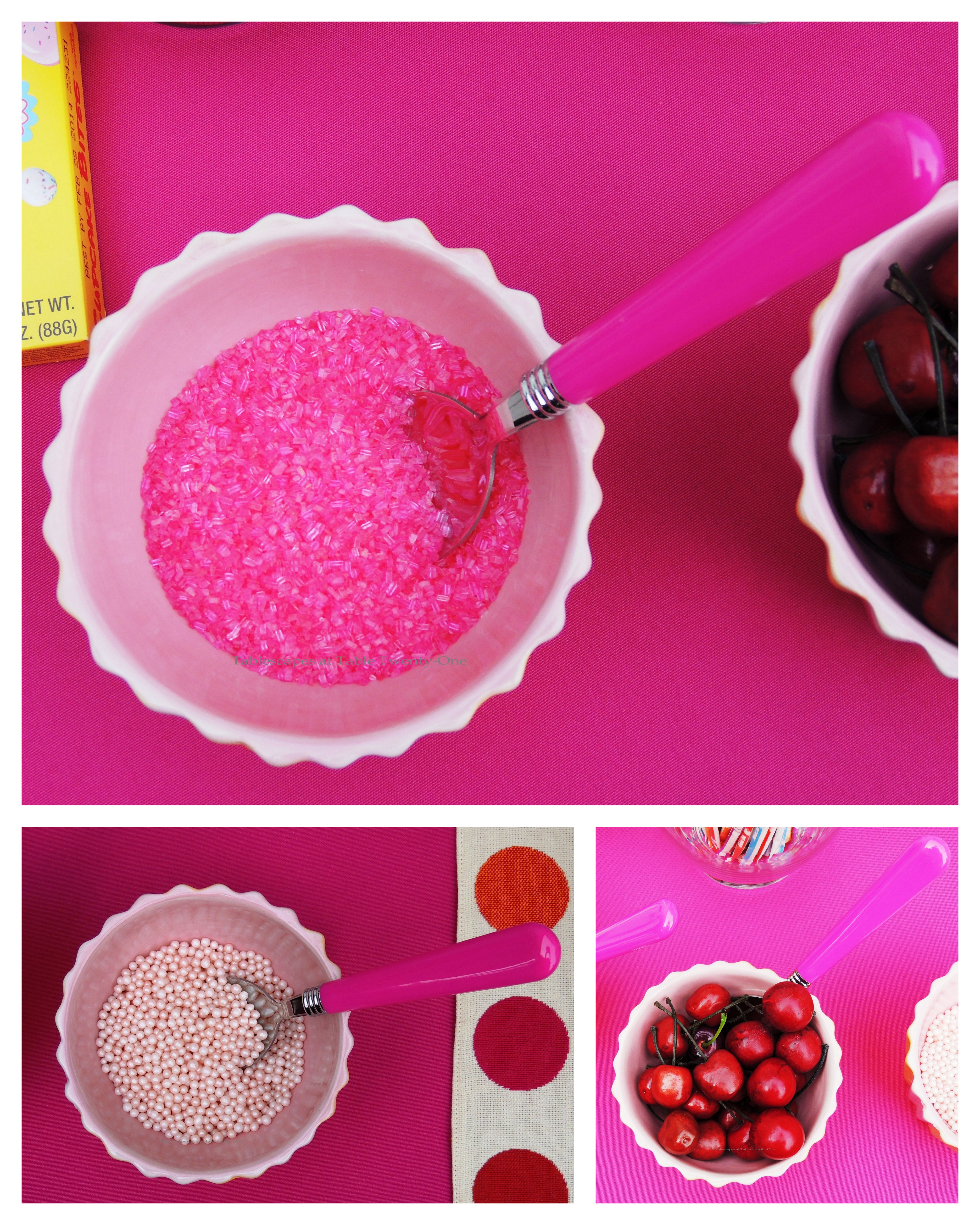 Tablescapes at Table Twenty-One, www.tabletwentyone.wordpress.com, Cupcake Colors - Cupcake & Sundae toppings in ceramic cupcake holders