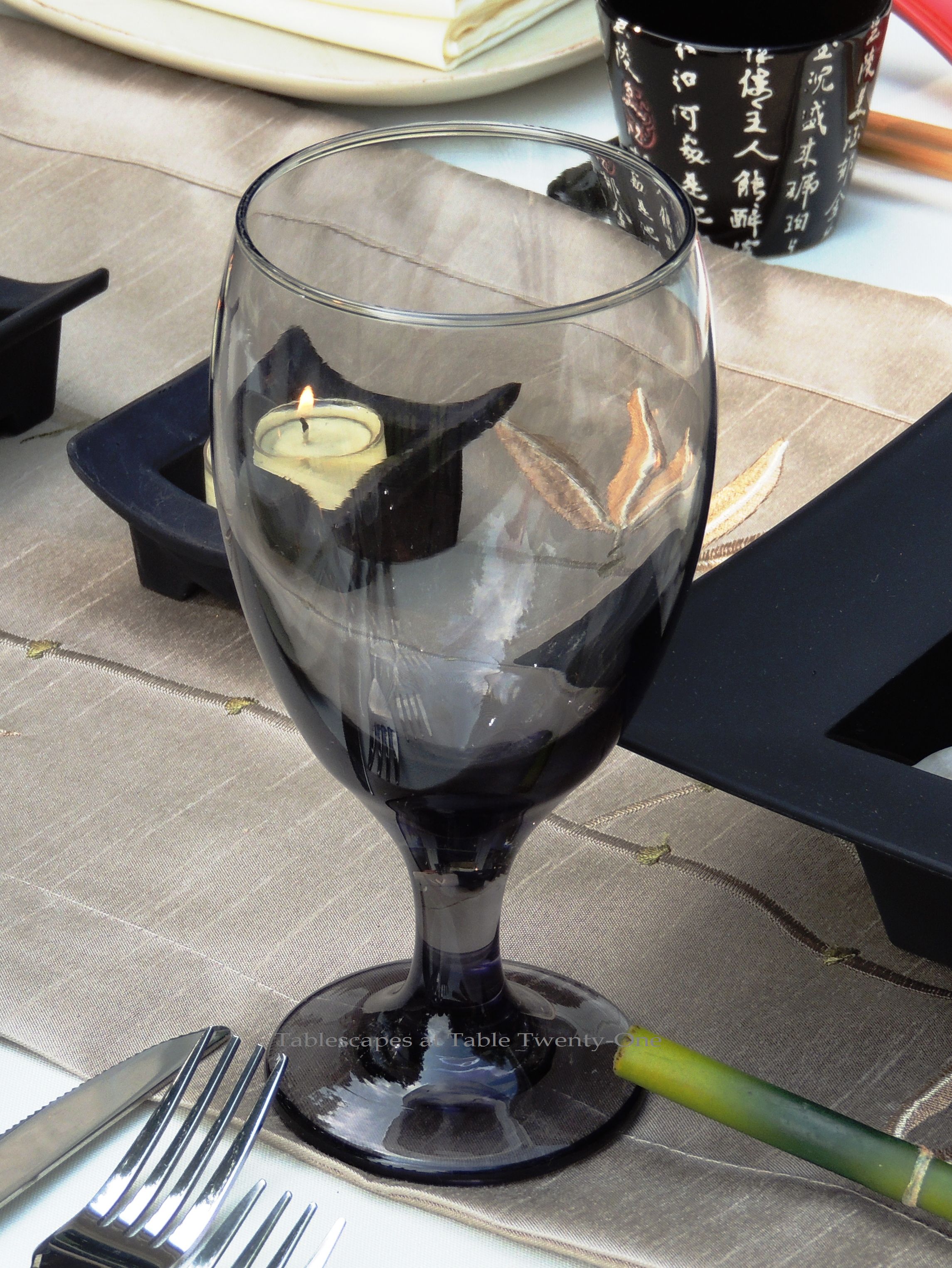 Tablescapes at Table Twenty-One, www.tabletwentyone.wordpress.com, Chinese Takeout: Black stemware from Dollar Tree