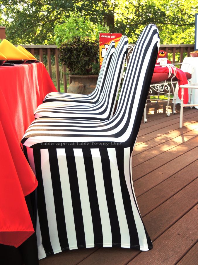 Tablescapes at Table Twenty-One, www.tabletwentyone.wordpress.com, Chiefs Pride: Chairs with black & white striped stretch chair covers from LinenTablecloth.com