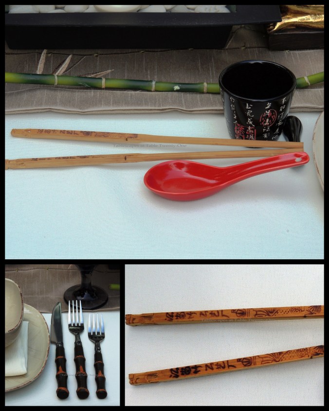 Tablescapes at Table Twenty-One, www.tabletwentyone.wordpress.com, Chinese Takeout: Flatware, Chopsticks, Miso Spoons, Teacup collage